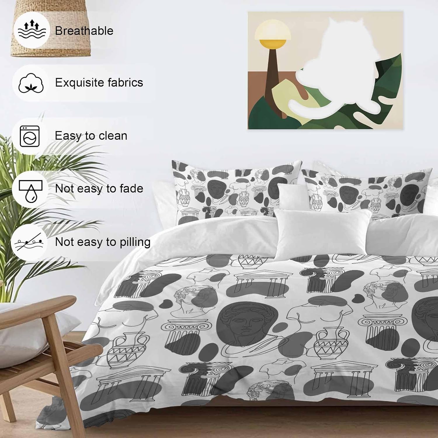 Modern Abstract Duvet Cover Set Queen Size 4 Pieces Grey Classical Ancient Greek Sculptural Heads Bedding Set with Zipper Closure, 1 Comforter Cover 90x92 Inches 1 Flat Sheet & 2 Pillow Cases