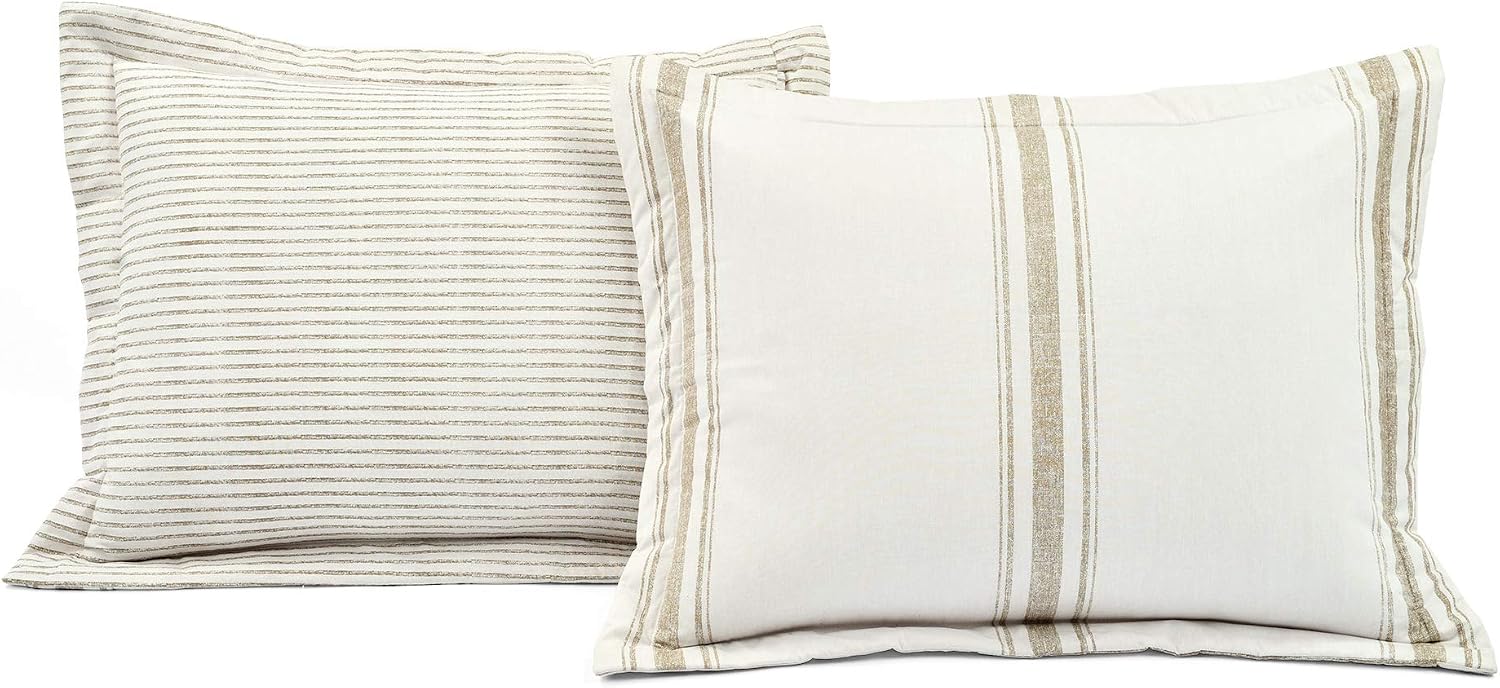 Lush Decor Farmhouse Stripe Reversible Cotton Comforter Set, 3 Piece Set, Full/ Queen, Neutral - Cozy Farmhouse Bedding Set - Rustic Decor - Striped Comforter - Modern Farmhouse Bedroom Decor