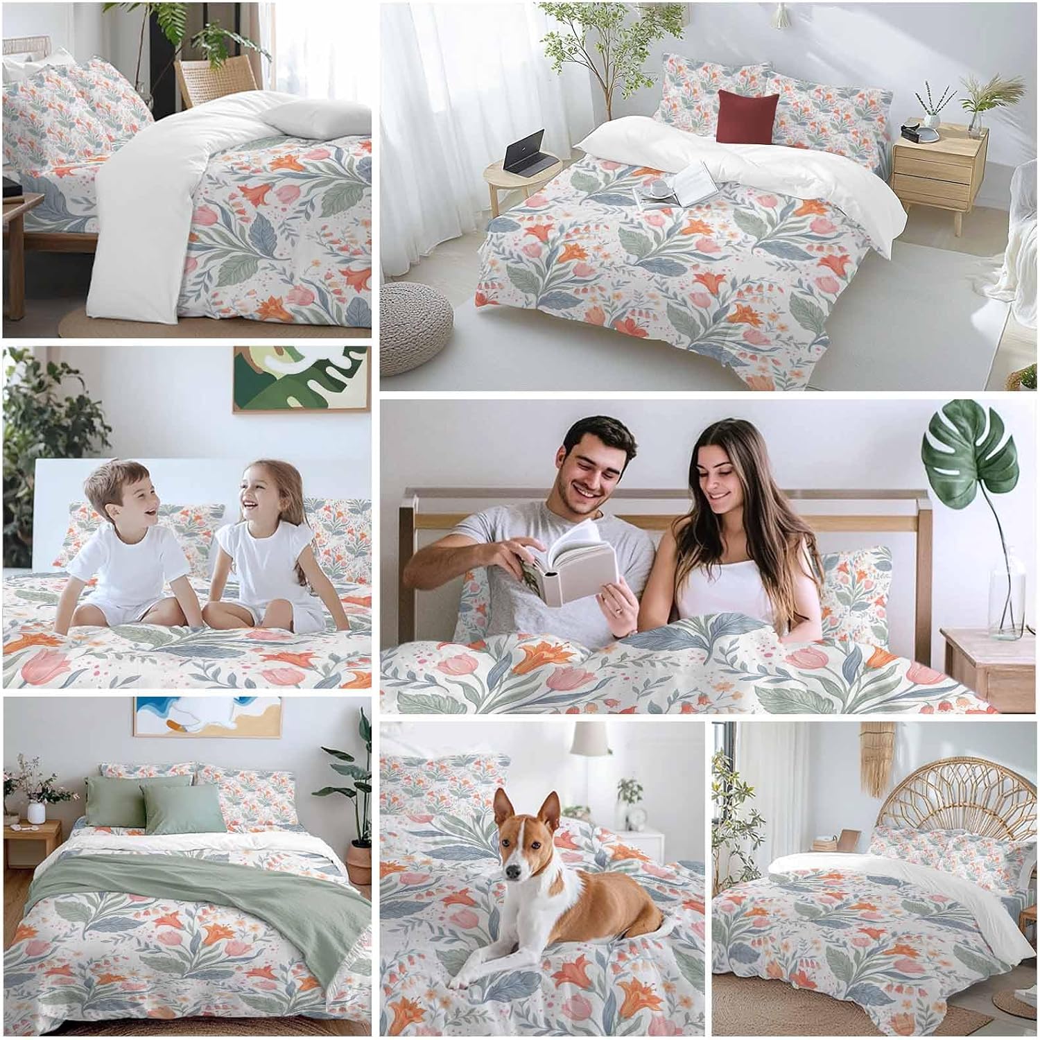 Pink Orange Flower Duvet Cover Set Queen Size 4 Pieces Watercolor Floral Green Leaf Rustic Country Bedding Set with Zipper Closure, 1 Comforter Cover 86x86 Inches 1 Flat Sheet & 2 Pillow Cases