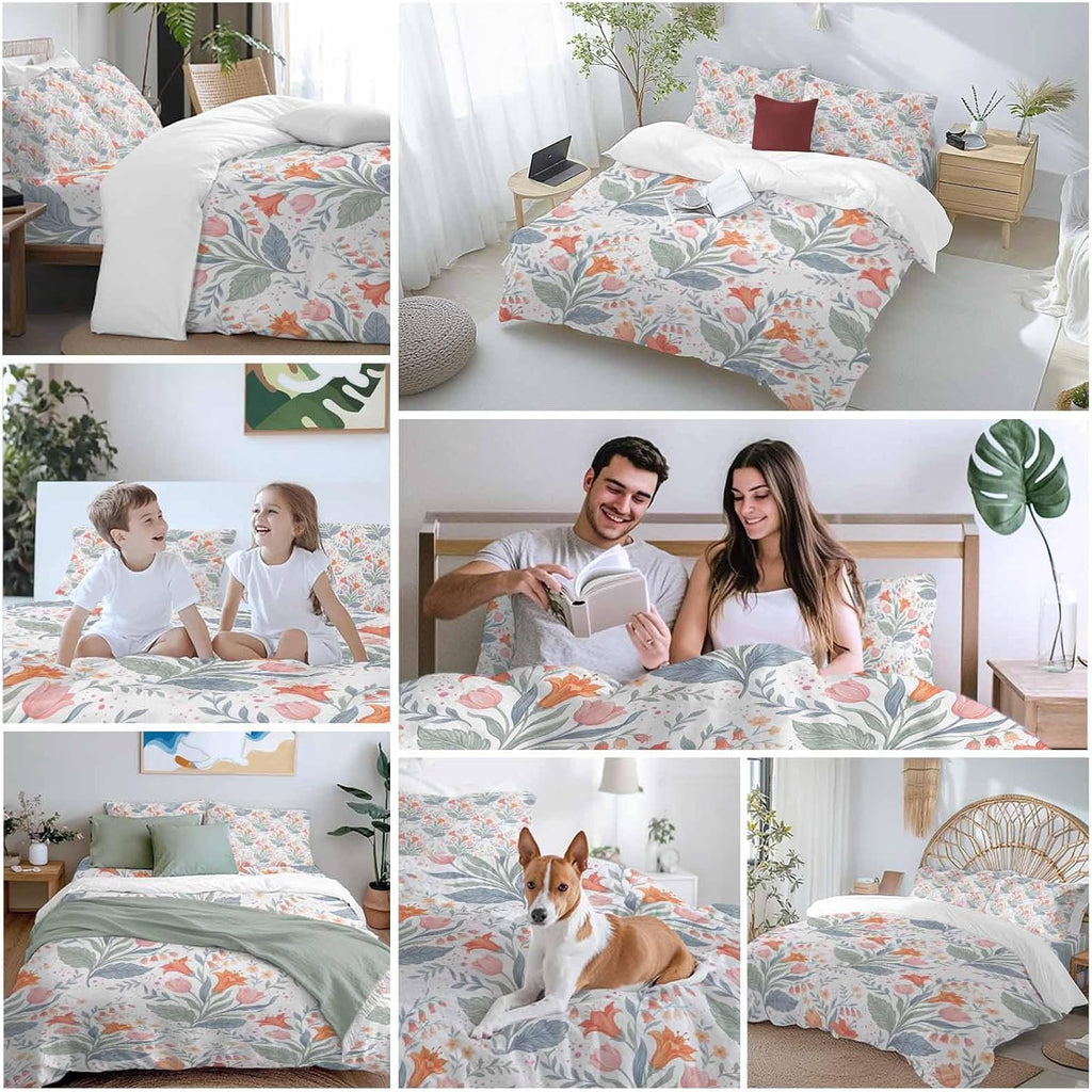 Pink Orange Flower Duvet Cover Set Queen Size 4 Pieces Watercolor Floral Green Leaf Rustic Country Bedding Set with Zipper Closure, 1 Comforter Cover 92x106 Inches 1 Flat Sheet & 2 Pillow Cases