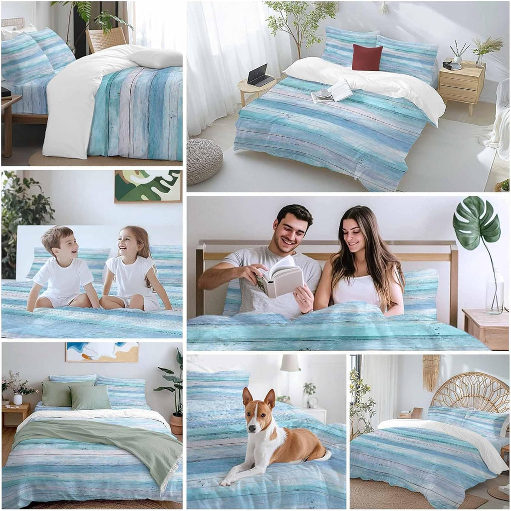 Prime Leader Summer Duvet Cover Set Queen Size 4 Pieces Gradient Blue Wood Grain Rustic Farmhouse Modern Bedding Set with Zipper Closure, 1 Comforter Cover 92x106 Inches 1 Flat Sheet & 2 Pillow Cases