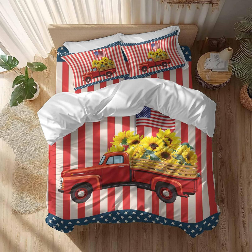 Independence Day Duvet Cover Set Queen Size 4 Pieces Five-Pointed Star U.S. Flag Themed Red Truck Sunflower Bedding Set with Zipper Closure,1 Comforter Cover 86x86 Inches 1 Flat Sheet & 2 Pillow Cases
