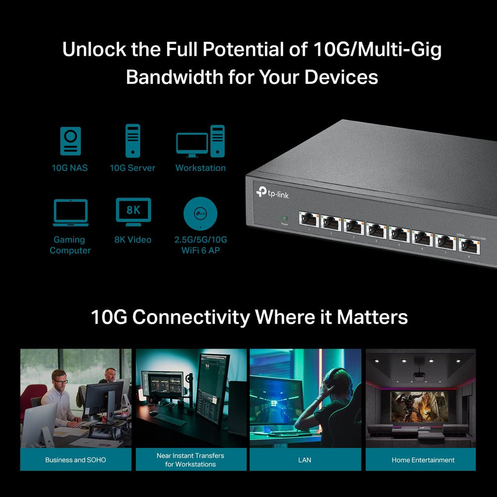 TP-Link TL-SX1008 | 8 Port 10G/Multi-Gig Unmanaged Ethernet Switch | Desktop/Rackmount | Plug & Play | Sturdy Metal Casing | Speed Auto-Negotiation, Free Expert Help