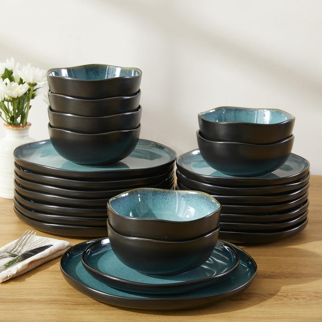 Pokini 24 Piece Stoneware Dinnerware Set for 8, Reactive Glaze Plates and Bowls Sets | Designed for Holiday Dinners, Thanksgiving, Party Hosting | Durable Irregular Coastal Design, Green Black