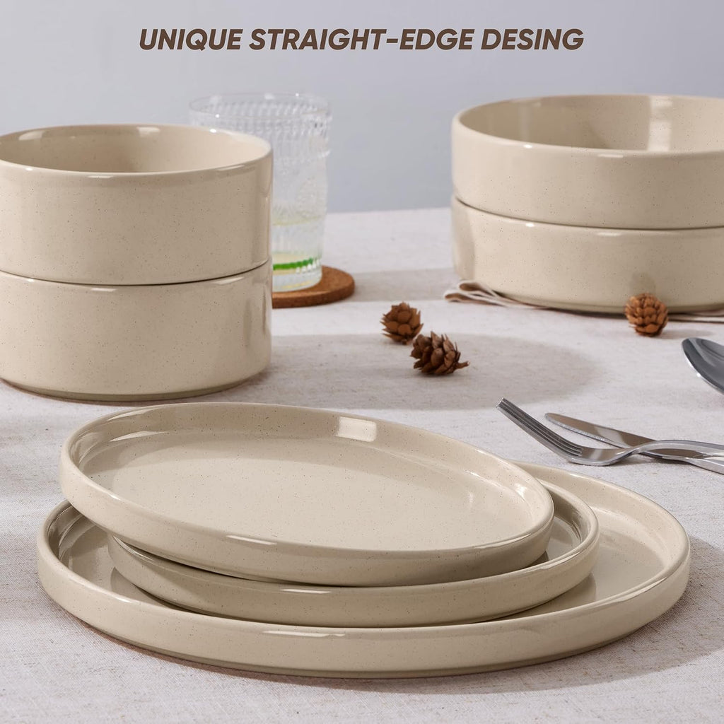 E-far Dinnerware Sets with Pasta Bowls, 24-Piece Stoneware Plates and Bowls Sets for 6 | Microwave & Dishwasher Safe Kitchen Modern Dish Set, Speckled Khaki