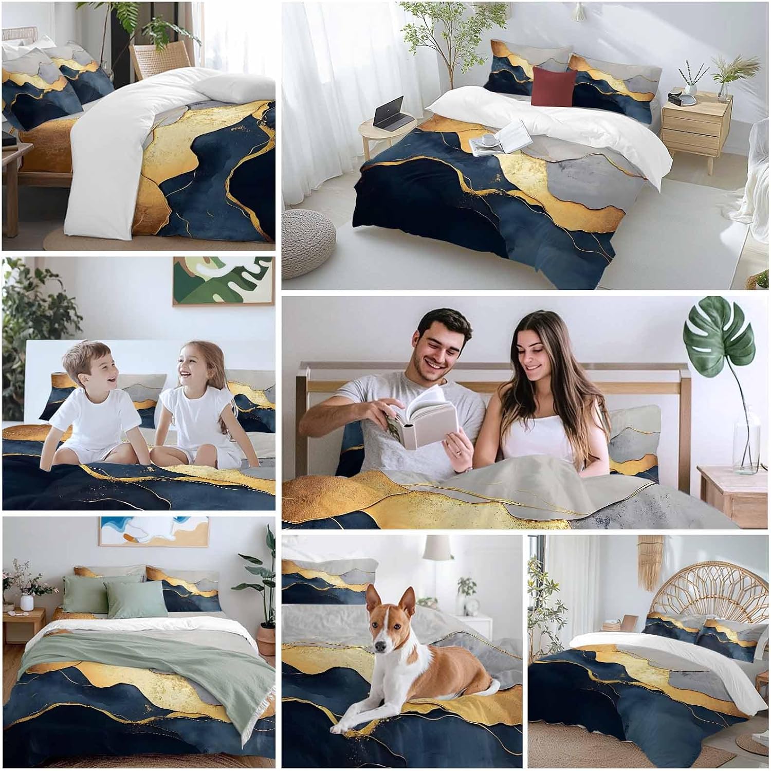 Prime Leader Abstract Impressionist Style Duvet Cover Set Queen Size 4 Pieces Gold Navy Blue Color Block Bedding Set with Zipper Closure, 1 Comforter Cover 92x106 Inches 1 Flat Sheet & 2 Pillow Cases