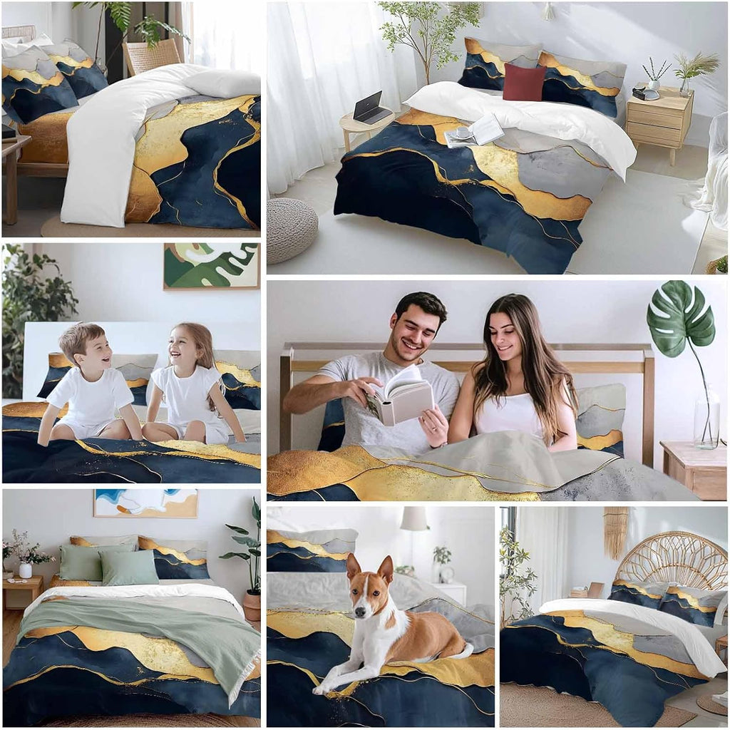 Prime Leader Abstract Impressionist Style Duvet Cover Set Queen Size 4 Pieces Gold Navy Blue Color Block Bedding Set with Zipper Closure, 1 Comforter Cover 90x92 Inches 1 Flat Sheet & 2 Pillow Cases