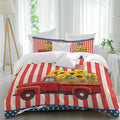 Independence Day Duvet Cover Set Queen Size 4 Pieces Five-Pointed Star U.S. Flag Themed Red Truck Sunflower Bedding Set with Zipper Closure,1 Comforter Cover 86x86 Inches 1 Flat Sheet & 2 Pillow Cases