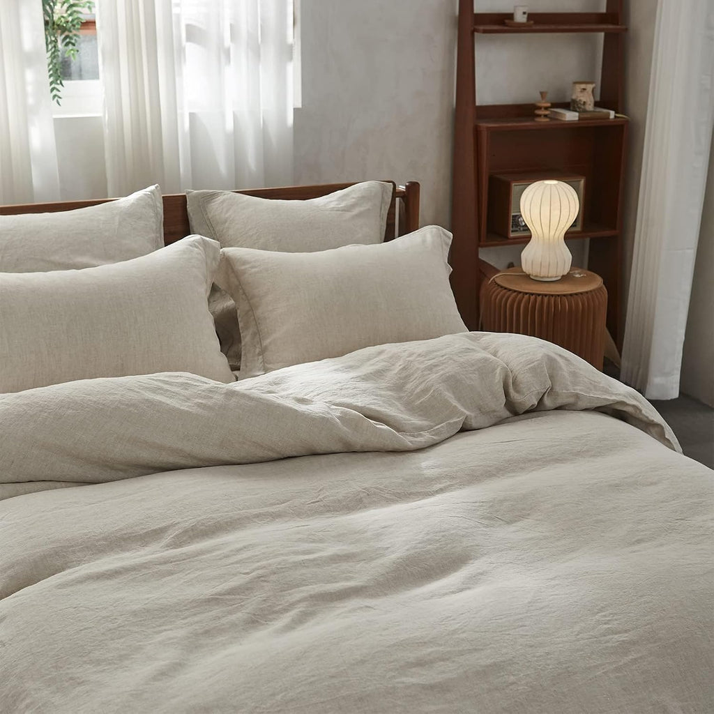 Simple&Opulence 100% Linen Duvet Cover Set with Embroidery Border Washed - 2 Pieces (1 Duvet Cover & 1 Pillow Sham) with Button Closure Soft Breathable Farmhouse - Linen, Twin Size