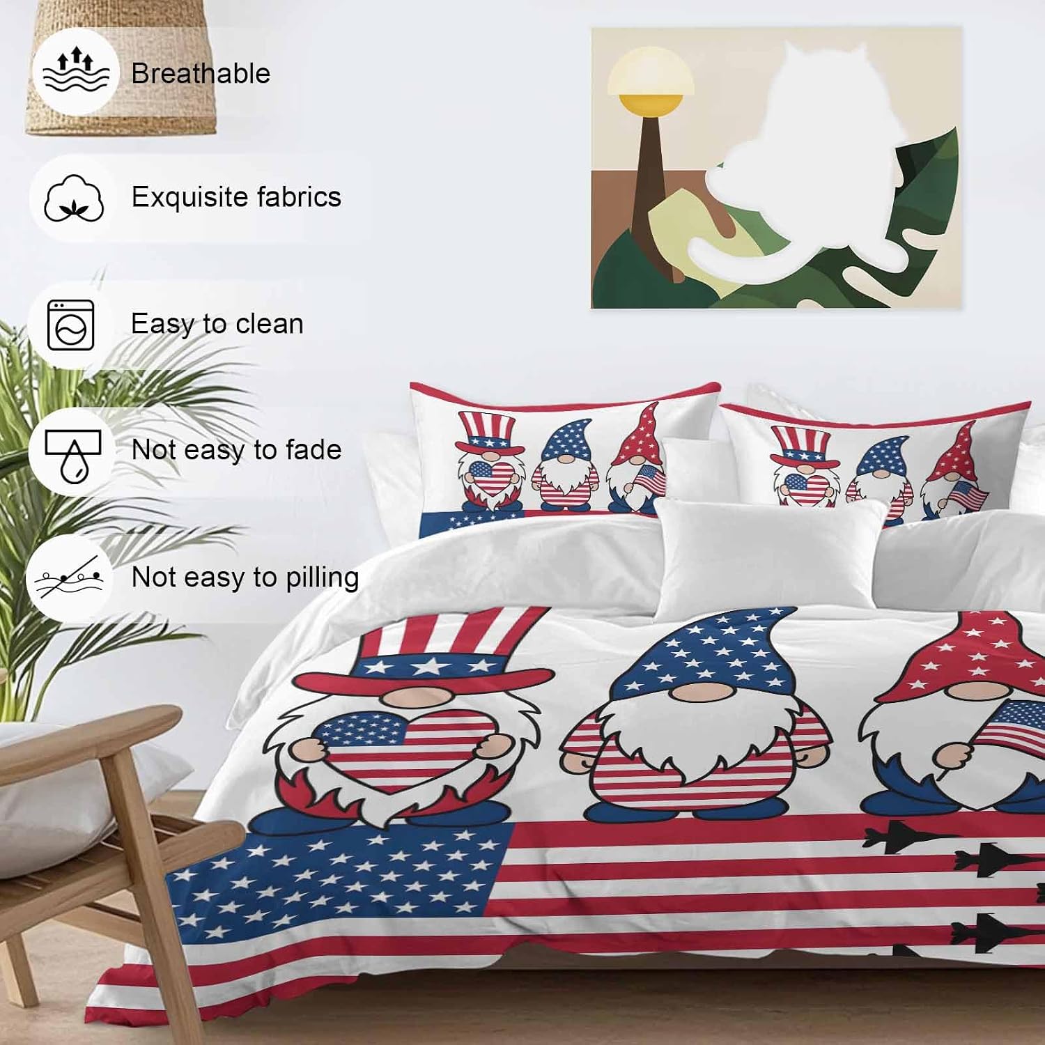 Independence Day Duvet Cover Set Queen Size 4 Pieces Cute Gnome with American Flag Hat Red White Stripes Bedding Set with Zipper Closure, 1 Comforter Cover 92x106 Inches 1 Flat Sheet & 2 Pillow Cases