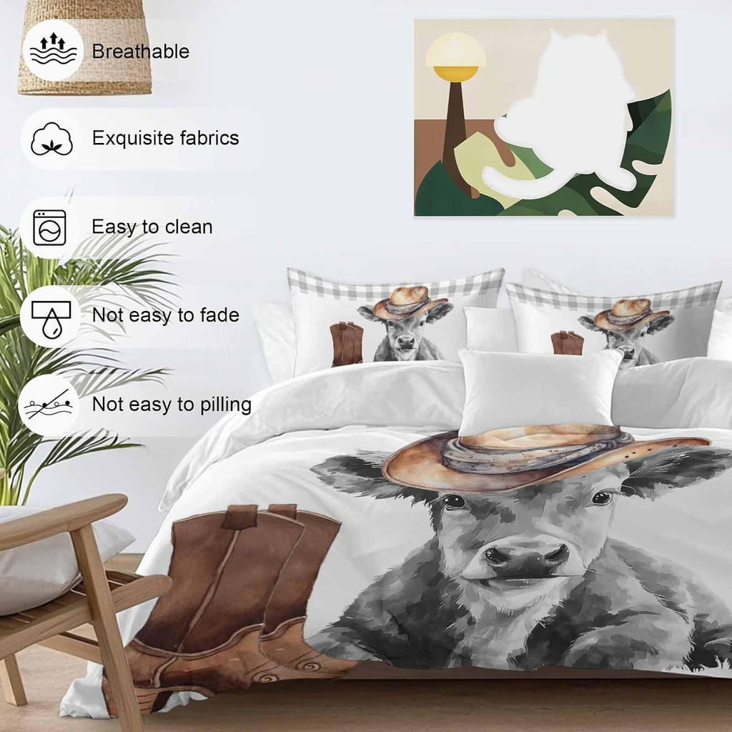 Farmhouse Cow Duvet Cover Set Queen Size 4 Pieces Grey Animal with Cowboy Hats Western Boots Plaid Bedding Set with Zipper Closure, 1 Comforter Cover 90x92 Inches 1 Flat Sheet & 2 Pillow Cases