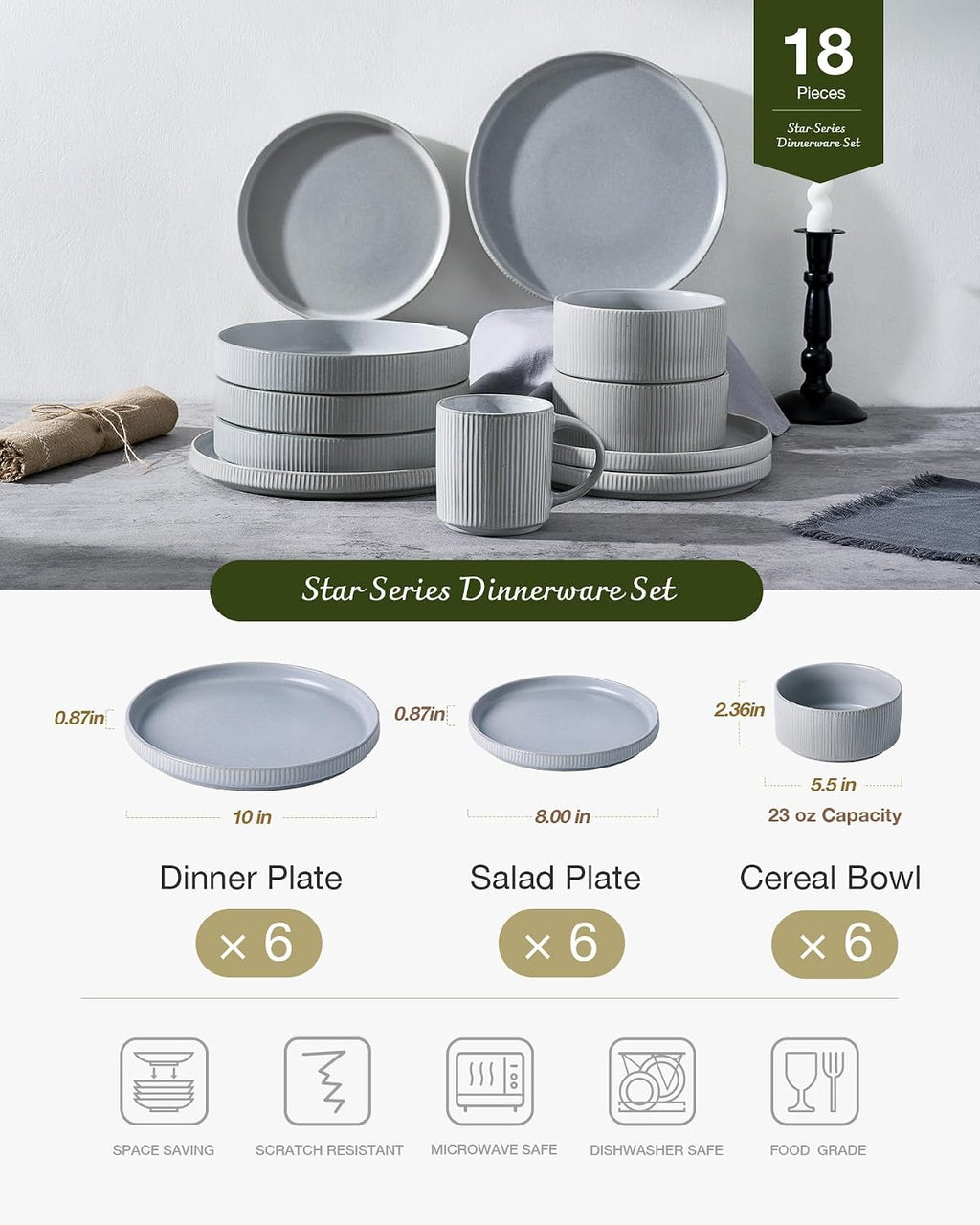 Famiware Star 18-Piece Reactive Glaze Plates and Bowls Sets, Service for 6 - Stoneware Dinnerware with Trim, Modern Rustic Dishes, Chip & Scratch Resistant, Microwave & Dishwasher Safe, Matte Gray