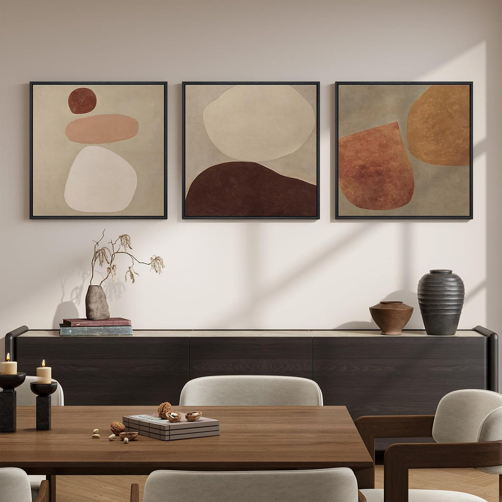 Large Framed Neutral Abstract Wall Art for Living Room, Mid Century Modern Canvas Prints Artwork for Walls, Warm Boho Wabi Sabi Square Earth Tone Pictures for Dining Room Bedroom Office Decor, 24x24