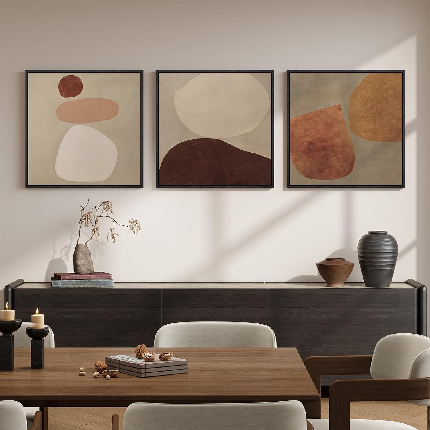 Large Framed Neutral Abstract Wall Art for Living Room, Mid Century Modern Canvas Prints Artwork for Walls, Warm Boho Wabi Sabi Square Earth Tone Pictures for Dining Room Bedroom Office Decor, 24x24