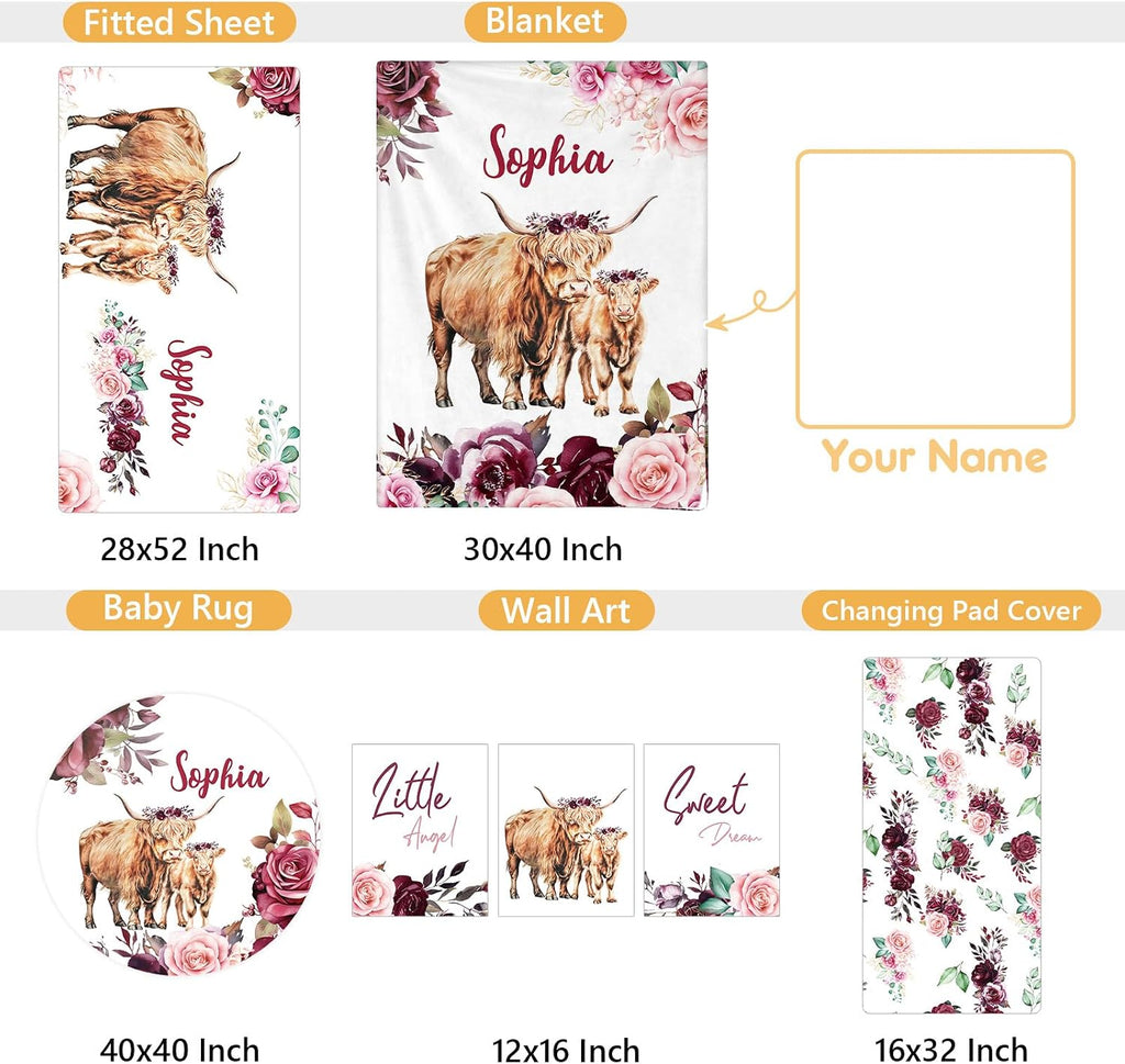 Terwex Custom Baby Crib Bedding Set, 5 Pcs Personalized Name Baby Crib Sets for Infant Toddler, Purple Highland Cow Nursery Bedding Set for Baby Girls, Double Layer Baby Bedding Sets Customized Gifts
