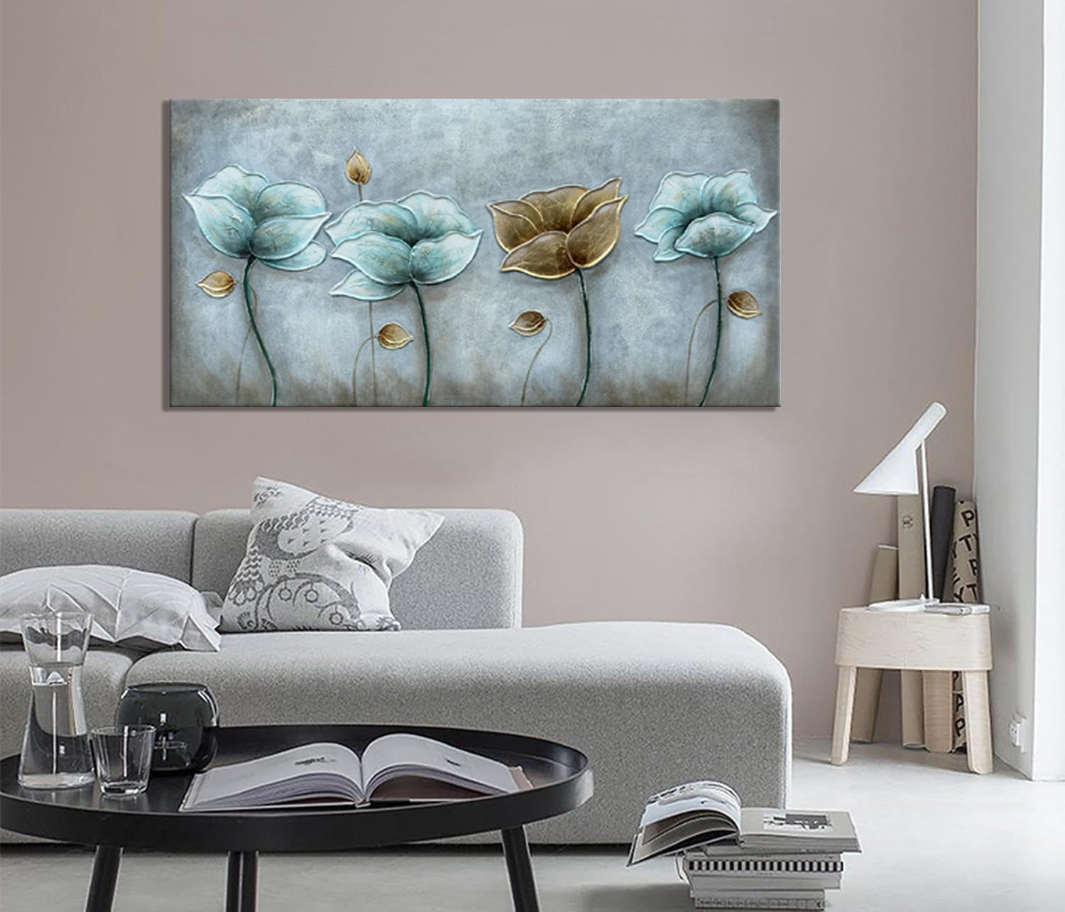 Alenoss 3D Large Oil Paintings on Canvas Wall Art 60x30 Inches Hand Painting Metal Luster Lotus Artwork Abstract Paintings Floral Wall Decor Texture Wall Art for Home Decorations
