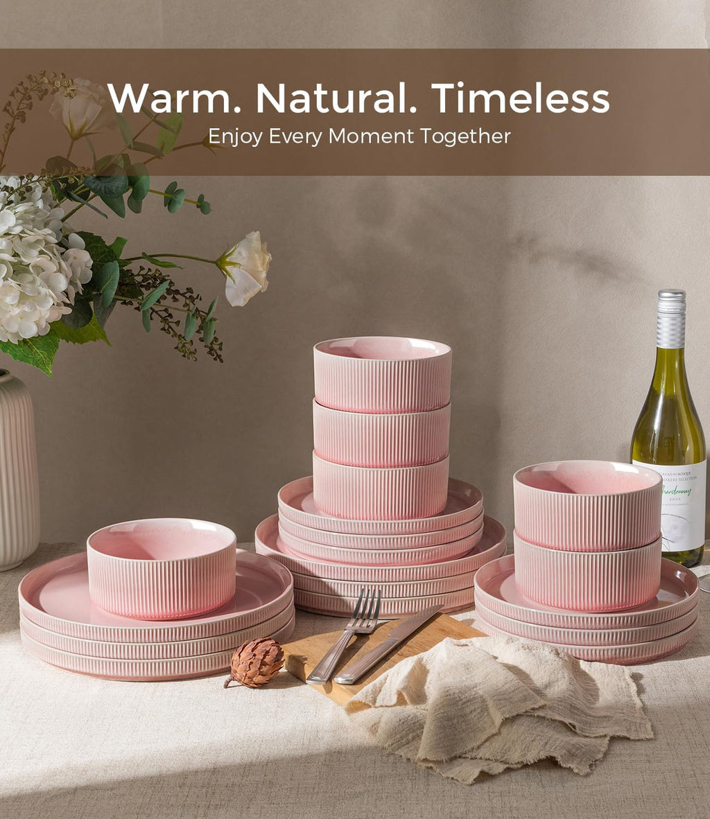 GBHOME 24-Piece Stoneware Dinnerware Set for 8 – Ribbed Ceramic Plates and Bowls, Scratch-Resistant, Microwave & Dishwasher Safe, Reactive Glaze, Blush Veil