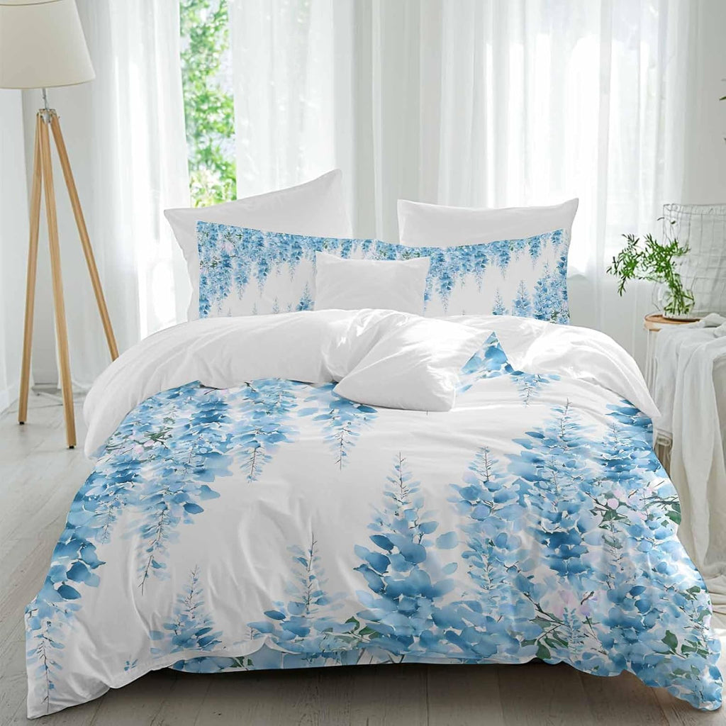Prime Leader Blue Flowers Duvet Cover Set Queen Size 4 Pieces Watercolor Blue Wisteria Floral Bedding Set with Zipper Closure, 1 Comforter Cover 86x86 Inches 1 Flat Sheet & 2 Pillow Cases