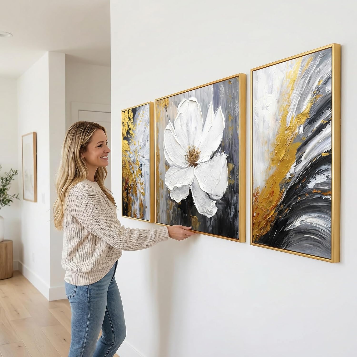 3 Pcs Hand-Painted Floral Canvas Wall Art for Living Room | 3D Textured Abstract White Flower Paintings with Gold Frames for Bedroom | Ready to Hang Modern Luxury Wall Decor for Office (24x64 Inches)