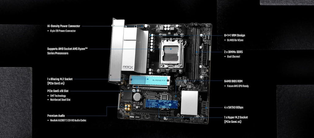 ASRock B850M Rock WiFi Socket AM5 Micro-ATX Motherboard, Supports AMD Ryzen 9000/8000/7000 Series, DDR5 8200+ (OC), PCIe 5.0, WiFi 6E, 2.5G LAN B850
