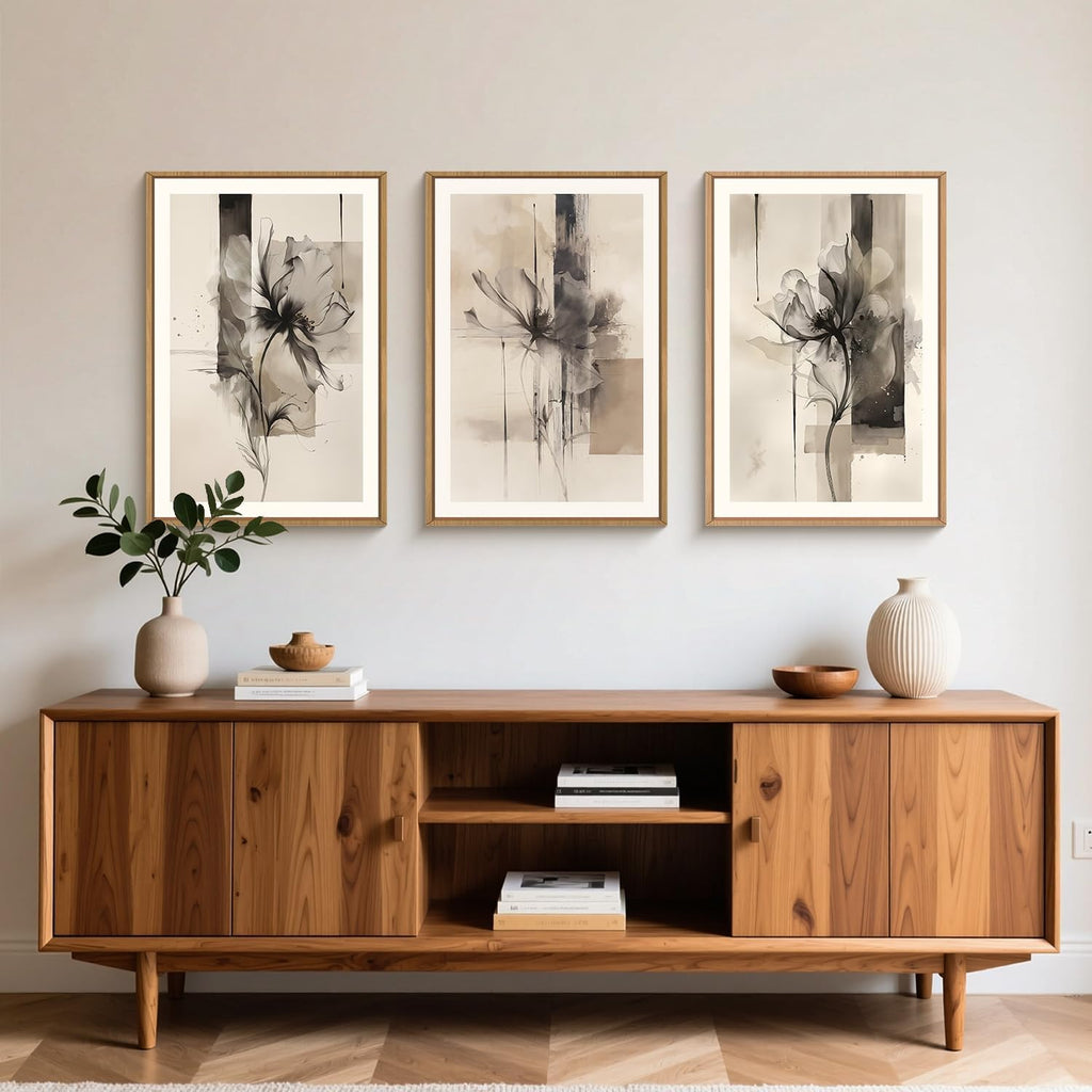 FWIEXA Large Black Beige Floral Canvas Wall Art Set 3, Neutral Abstract Florals Framed Prints, Brushstroke Geometry Line Paintings, 24x36In Watercolor Ink Artwork Poster for Farmhouse, Living Room, Bedroom, Office