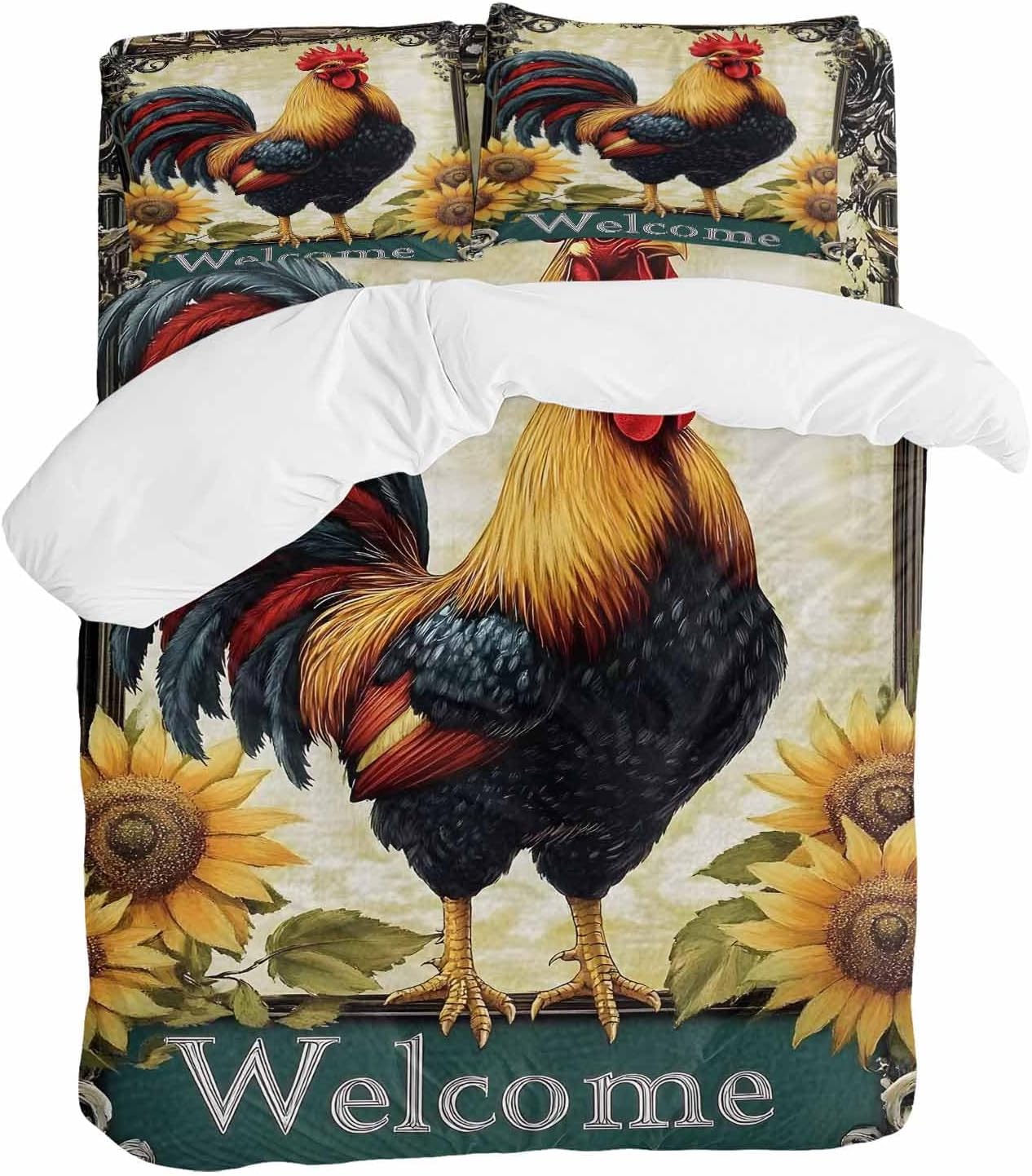 Rooster Chicken Duvet Cover Set Queen Size 4 Pieces Welcome Sunflower Watercolor Art Vintage Farm Bedding Set with Zipper Closure, 1 Comforter Cover 92x106 Inches 1 Flat Sheet & 2 Pillow Cases