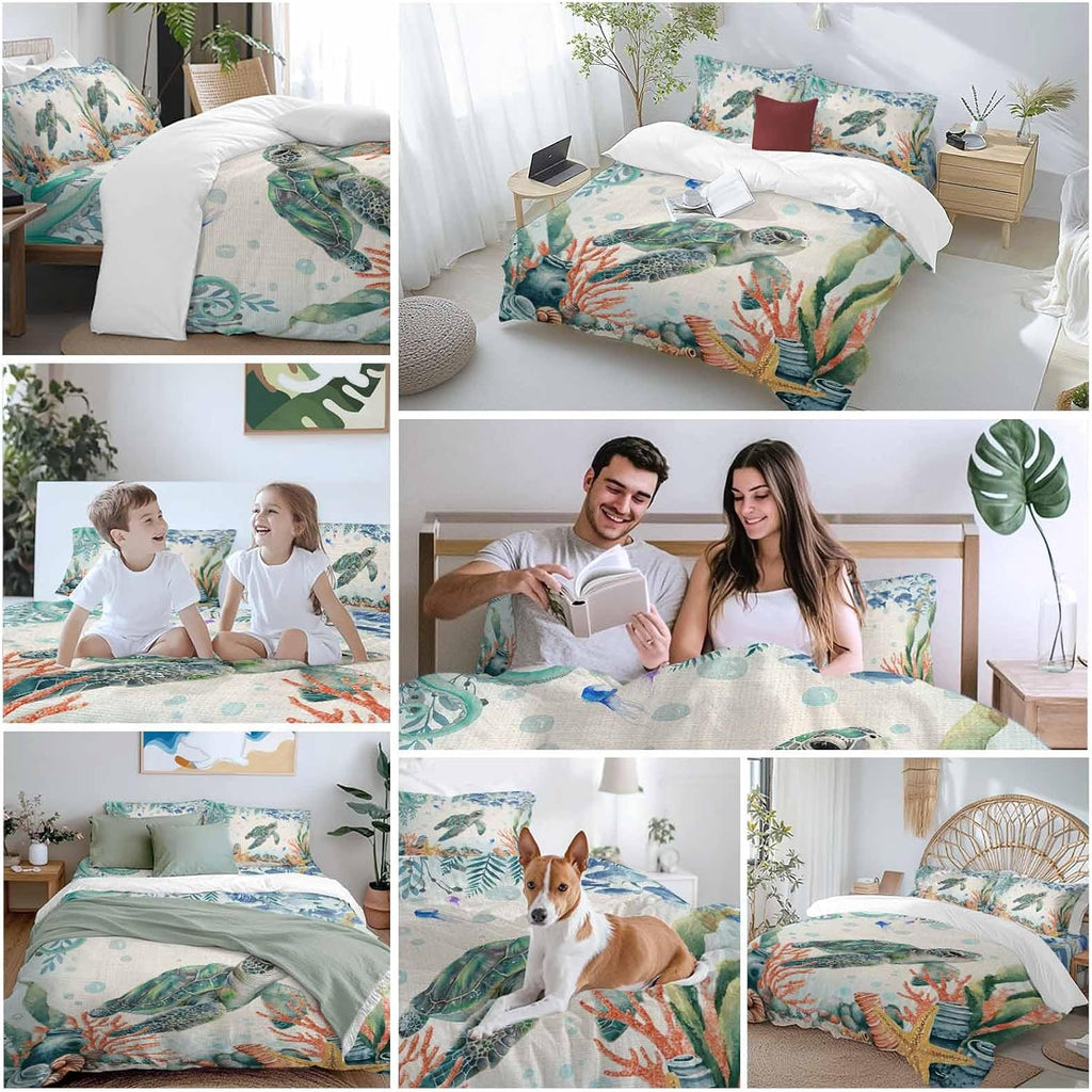 Summer Ocean Turtle Duvet Cover Set Queen Size 4 Pieces Nautical Colorful Sea Fish Octopus Coral Linen Bedding Set with Zipper Closure, 1 Comforter Cover 90x92 Inches 1 Flat Sheet & 2 Pillow Cases