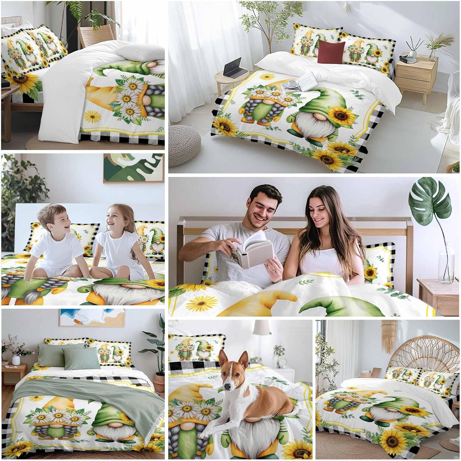 Prime Leader Summer Dwarfs Duvet Cover Set Queen Size 4 Pieces Yellow Sunflower Daisy Black Plaid Field Bedding Set with Zipper Closure, 1 Comforter Cover 90x92 Inches 1 Flat Sheet & 2 Pillow Cases