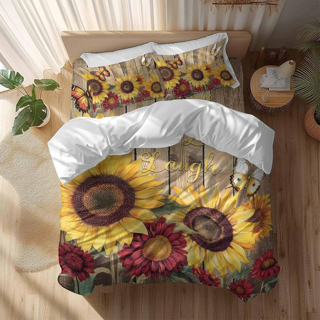 Flowers Duvet Cover Set Queen Size 4 Pieces Watercolor Yellow Sunflower Red Chrysanthemum Floral Wood Grain Bedding Set with Zipper Closure,1 Comforter Cover 86x86 Inches 1 Flat Sheet & 2 Pillow Cases
