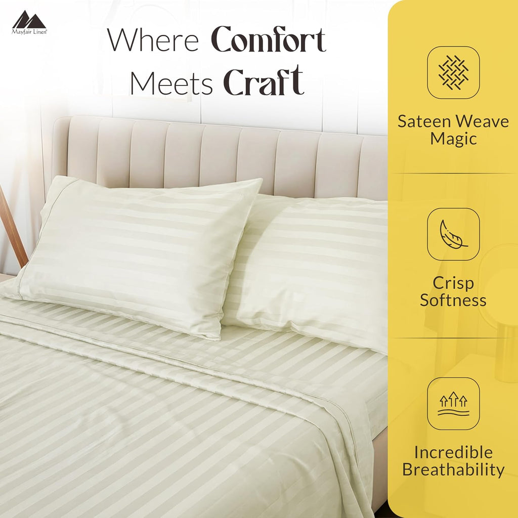 Mayfair Linen 100% Pure Egyptian Cotton Sheet King Size - Luxury 1000 Series Grandiose Collection Striped King Size Sheets Set (4 PC, Ivory - Stripe), 16' Deep Pocket Soft Cooling Hotel Bed Sheets Set