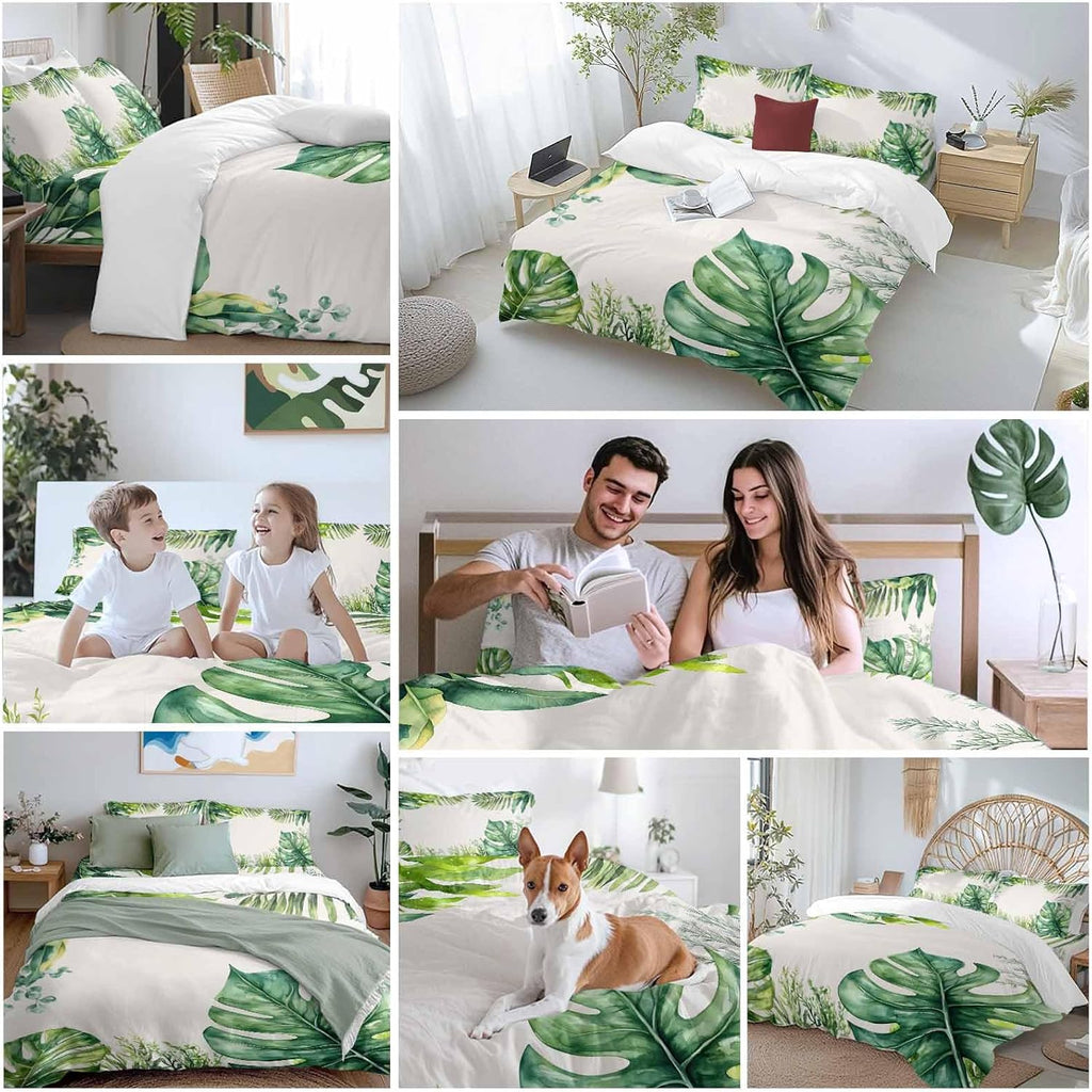 Tropical Leaf Duvet Cover Set Queen Size 4 Pieces Palms Monstera Leaves Green Plant Botanical Bedding Set with Zipper Closure, 1 Comforter Cover 86x86 Inches 1 Flat Sheet & 2 Pillow Cases