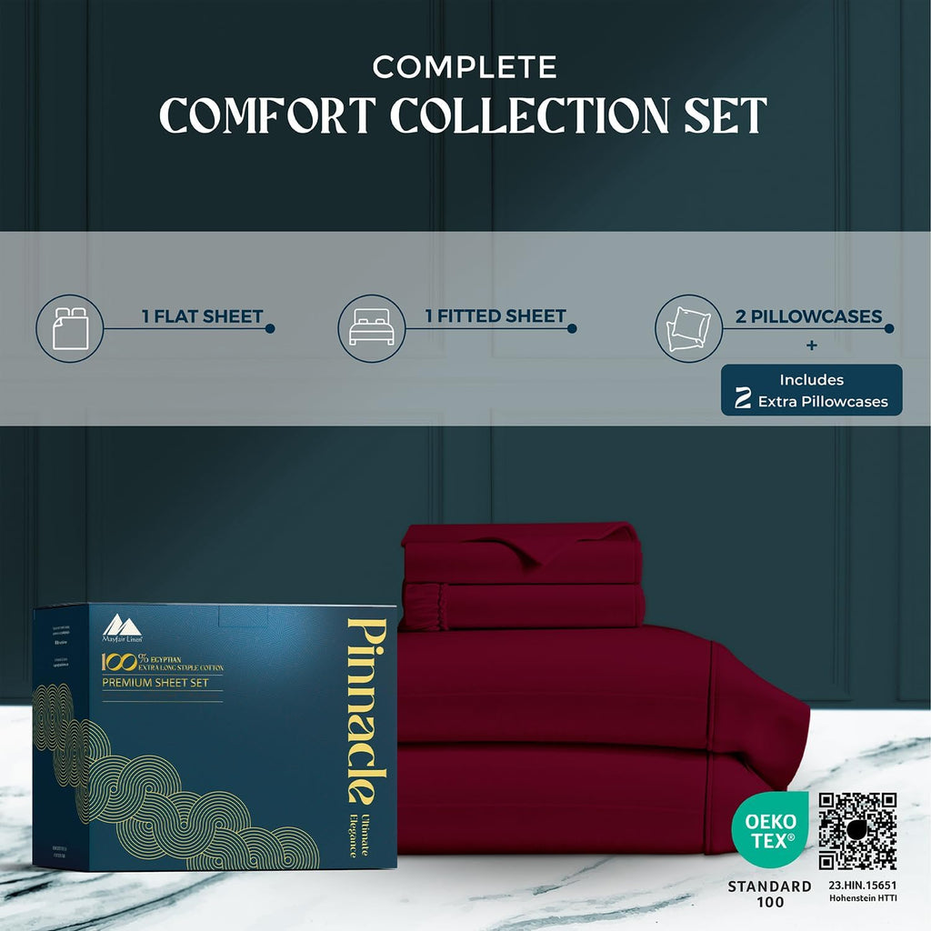 Mayfair Linen 100% Egyptian Cotton Sheets Queen Size - 1500 Series Queen Size Sheets Set Egyptian Cotton, Luxury Bedsheet (Burgundy, 4 PC), Soft, Cooling, 17' Deep Pocket Sateen Weave Bedsheet Set