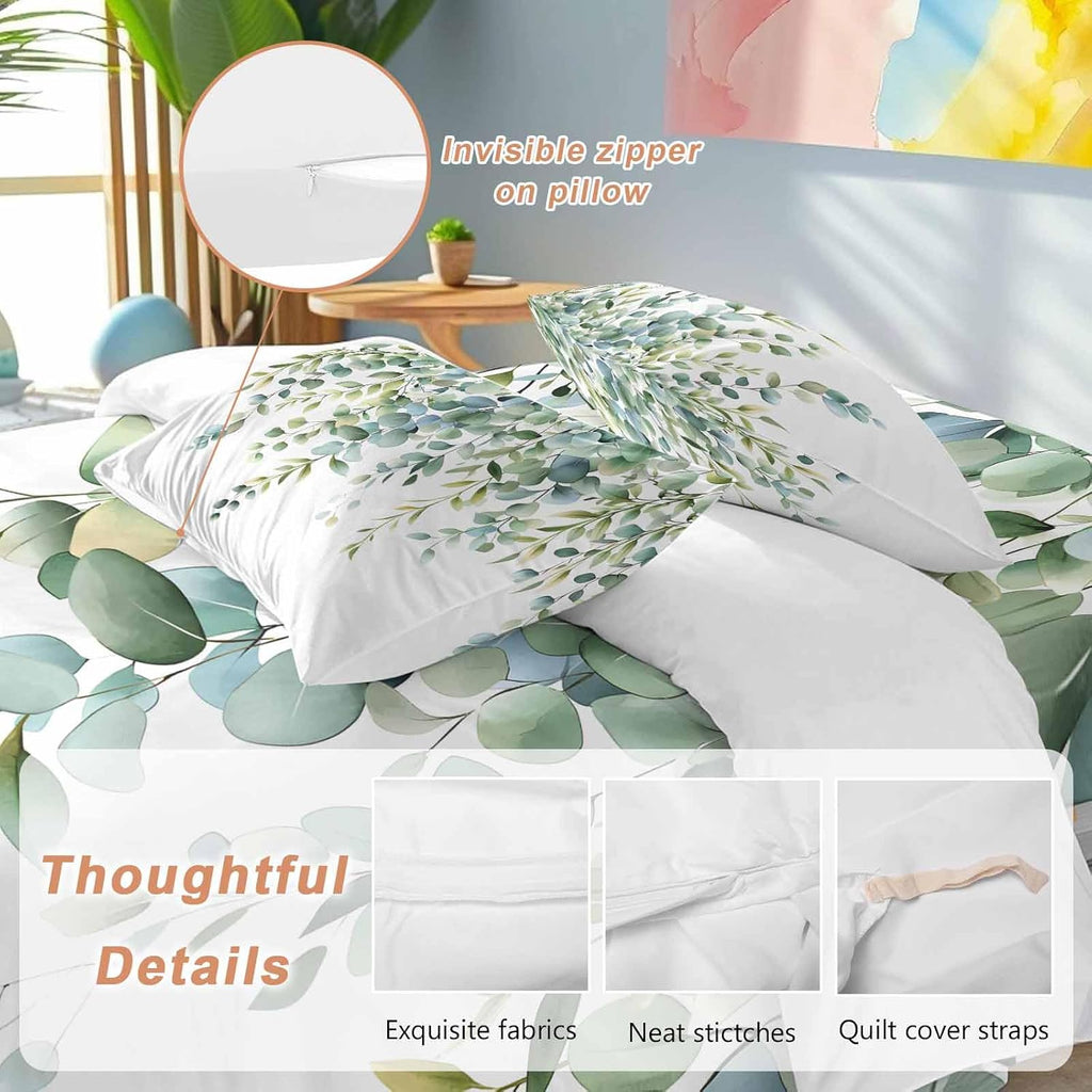 Prime Leader Green Leaves Duvet Cover Set Queen Size 4 Pieces Eucalyptus Leaf Watercolor Plant Botanical Bedding Set with Zipper Closure, 1 Comforter Cover 90x92 Inches 1 Flat Sheet & 2 Pillow Cases