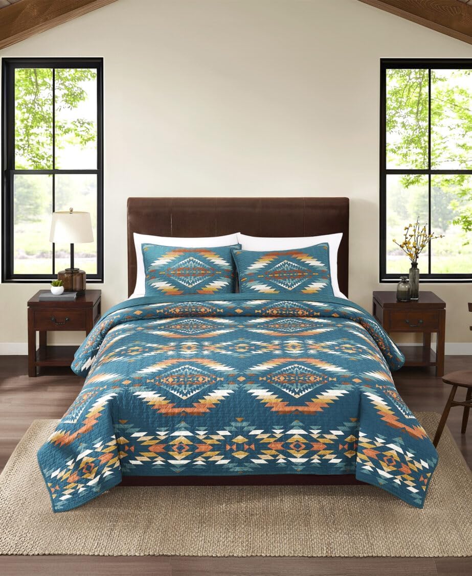 Pendleton Twin Quilt Set – 100% Cotton 2 Piece Quilt Set with Sham, Soft Lightweight Bedding for Twin Size Bed for Dorms, Teal Multi Patterned Comforter Alternative, Twin Bedding Set (Summerland)