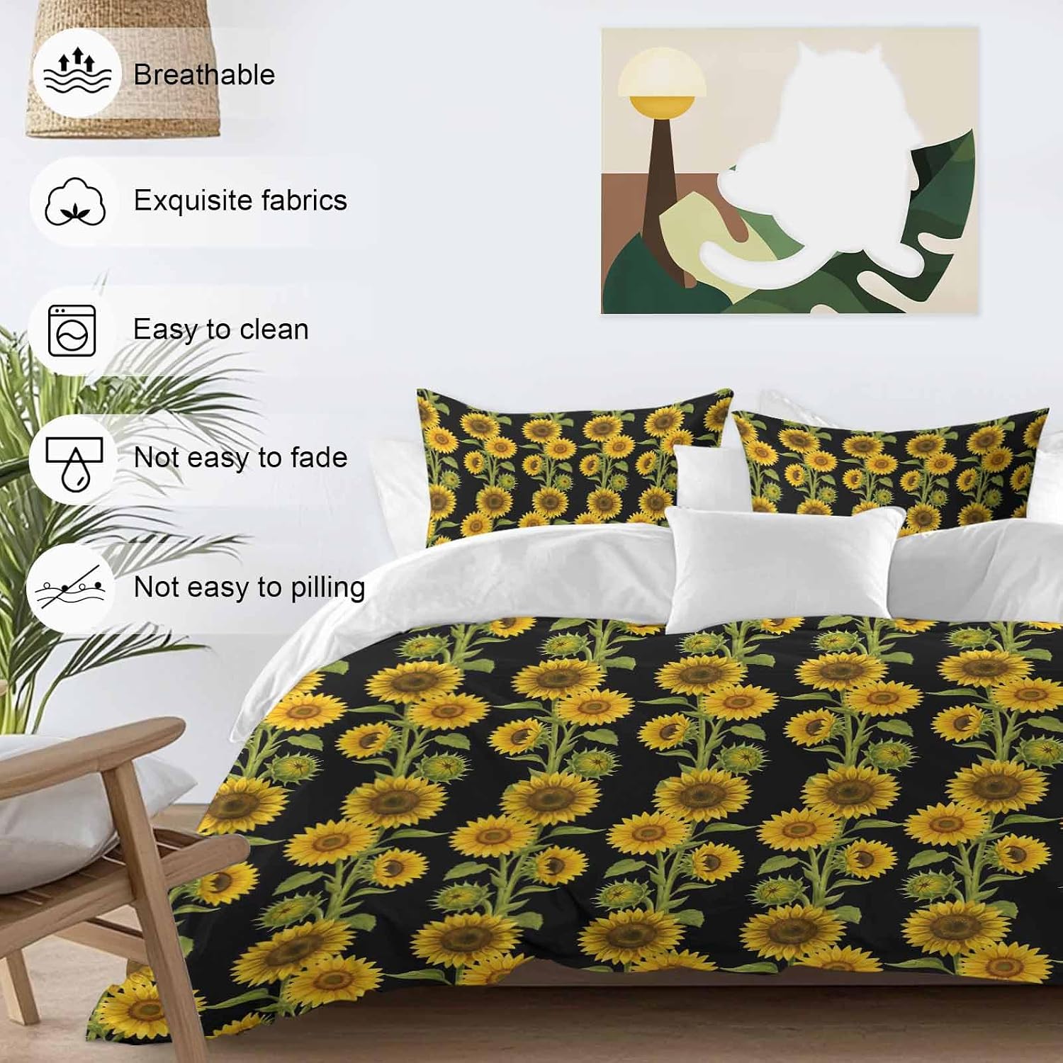 Prime Leader Retro Sunflowers Duvet Cover Set Queen Size 4 Pieces Summer Yellow Floral Black Background Bedding Set with Zipper Closure, 1 Comforter Cover 86x86 Inches 1 Flat Sheet & 2 Pillow Cases