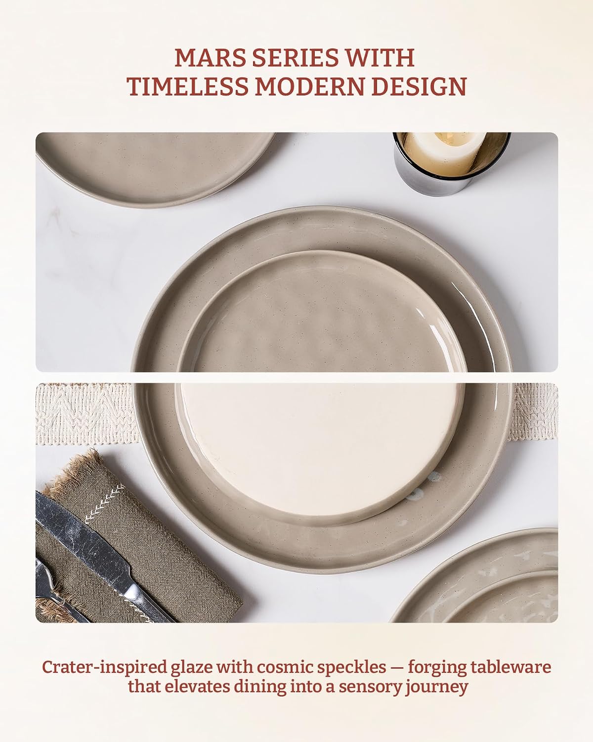 Famiware Mars Plates and Bowls Set, 18 Pieces Dinnerware Sets, Dishes Set for 6, Cinnamon Brown