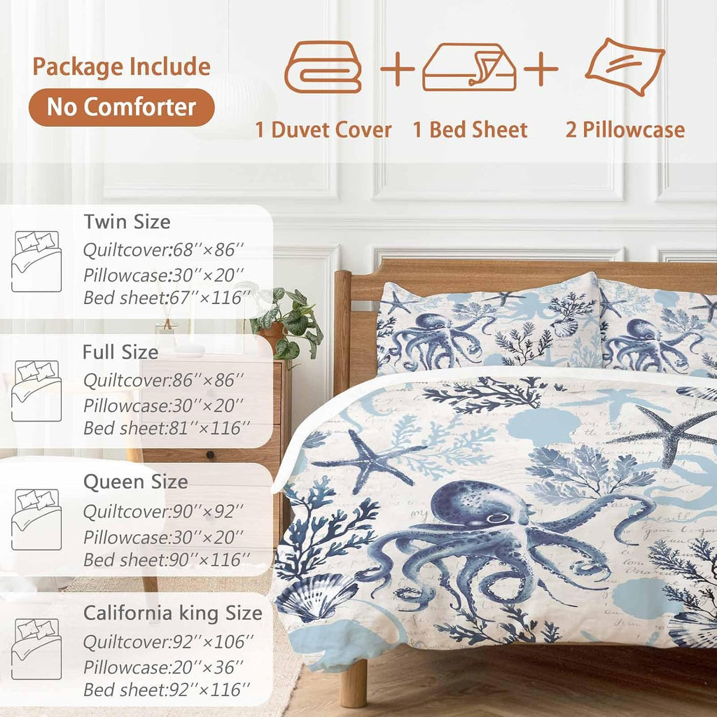 Summer Marine Life Duvet Cover Set Queen Size 4 Pieces Ocean Watercolor Octopus Starfish Coastal Vintage Bedding Set with Zipper Closure, 1 Comforter Cover 92x106 Inches 1 Flat Sheet & 2 Pillow Cases