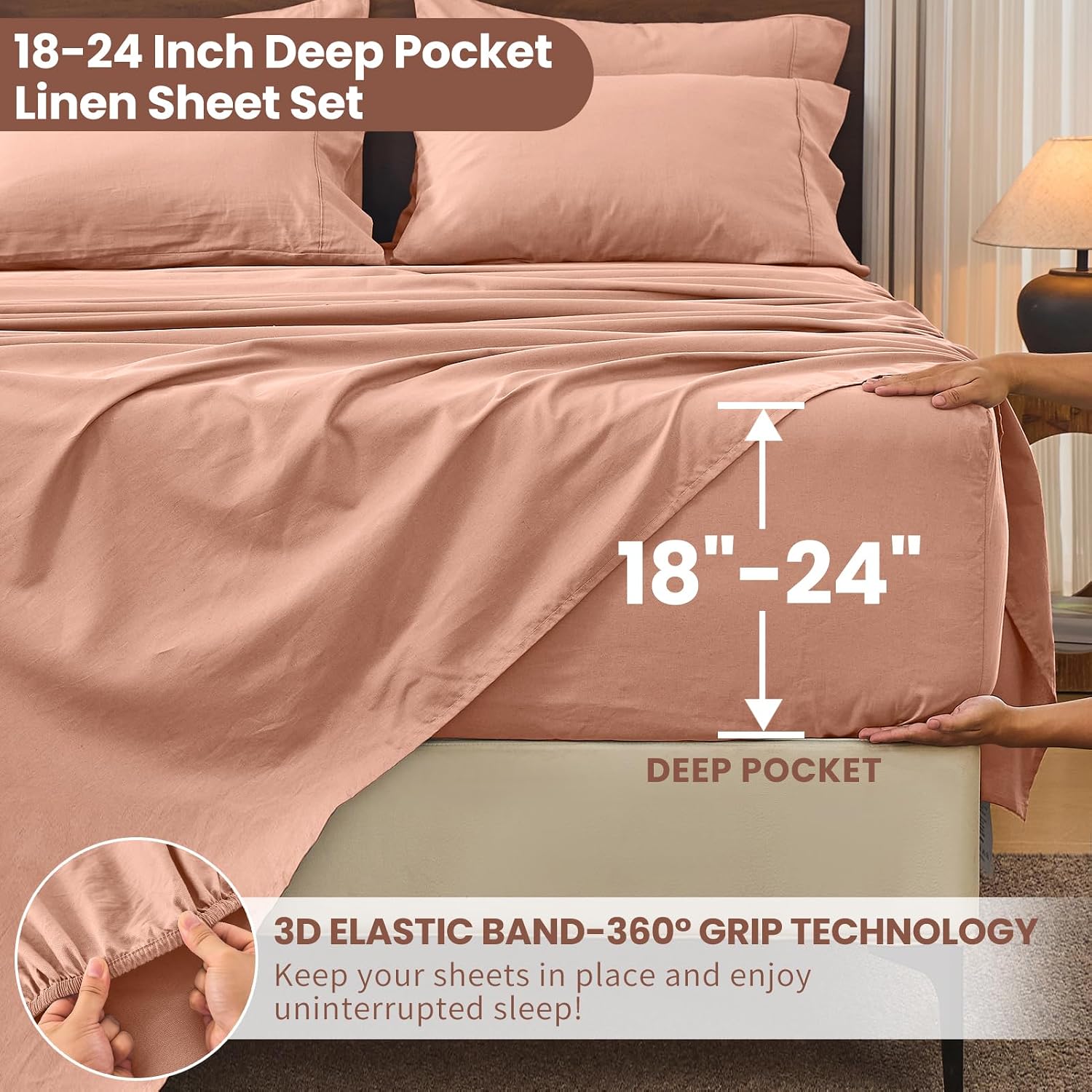 Bedlifes 100% French Linen Sheets Queen Size 18-24'Extra Deep Pocket 4-Piece Set Breathable & Moisture-Wicking,Soft & Durable Sheets for Thick Mattresses(Blush Pink)