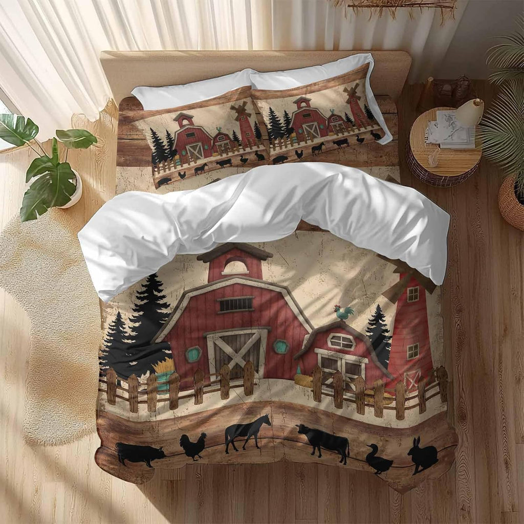 Red Farmhouse Duvet Cover Set Queen Size 4 Pieces Country Farm Barn Cow Pig Chicken Fence Tree Wood Grain Bedding Set with Zipper Closure, 1 Comforter Cover 92x106 Inches 1 Flat Sheet & 2 Pillow Cases
