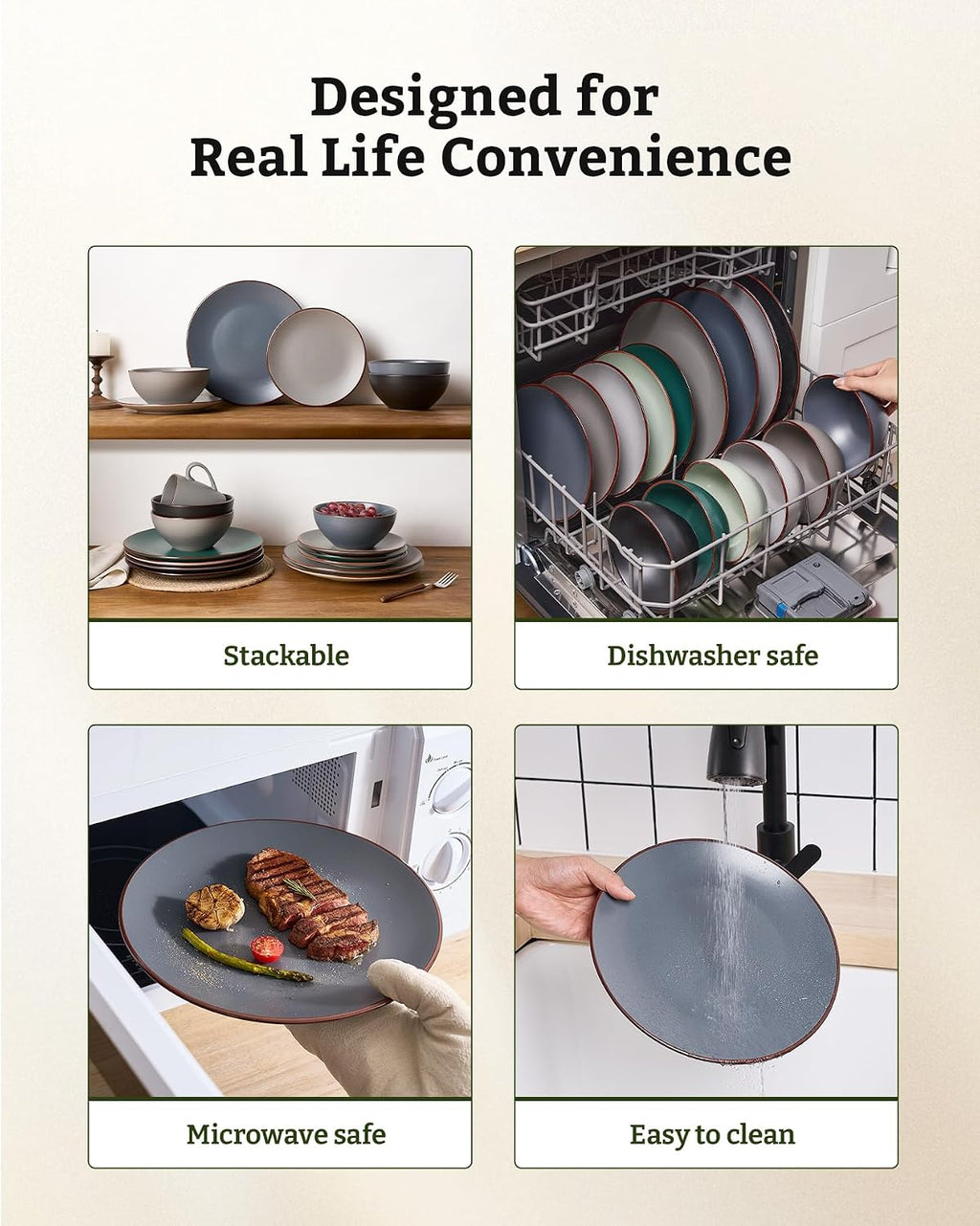 Famiware Venus 16-Piece Stoneware Dinnerware Sets with Mugs, Plates, Bowls, Service for 4, Matte Charcoal - Modern Ceramic Chip‑Resistant Dishes for Everyday & Formal Use, Microwave & Dishwasher Safe