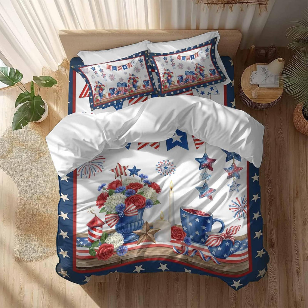 Prime Leader Independence Day Duvet Cover Set Queen Size 4 Pieces Retro Red Blue USA Flag Floral Star Bedding Set with Zipper Closure, 1 Comforter Cover 92x106 Inches 1 Flat Sheet & 2 Pillow Cases