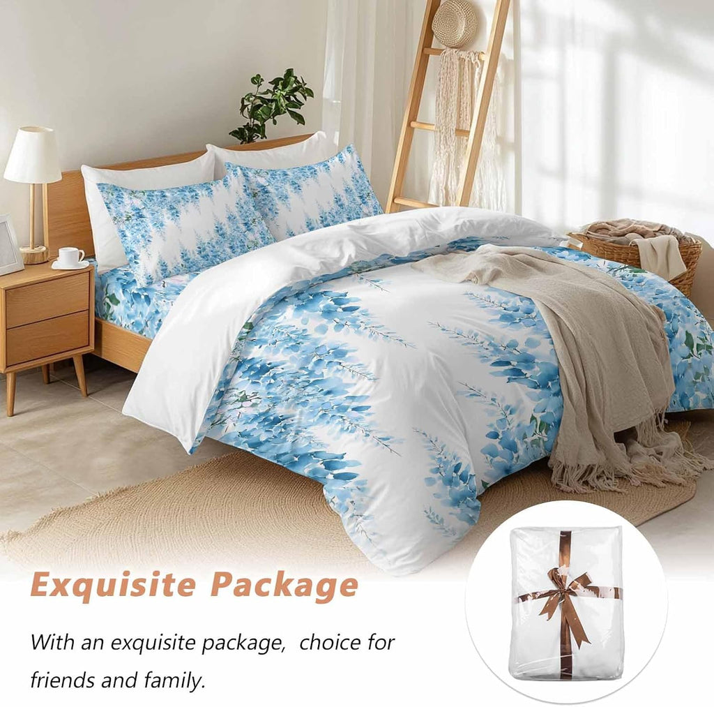 Prime Leader Blue Flowers Duvet Cover Set Queen Size 4 Pieces Watercolor Blue Wisteria Floral Bedding Set with Zipper Closure, 1 Comforter Cover 86x86 Inches 1 Flat Sheet & 2 Pillow Cases