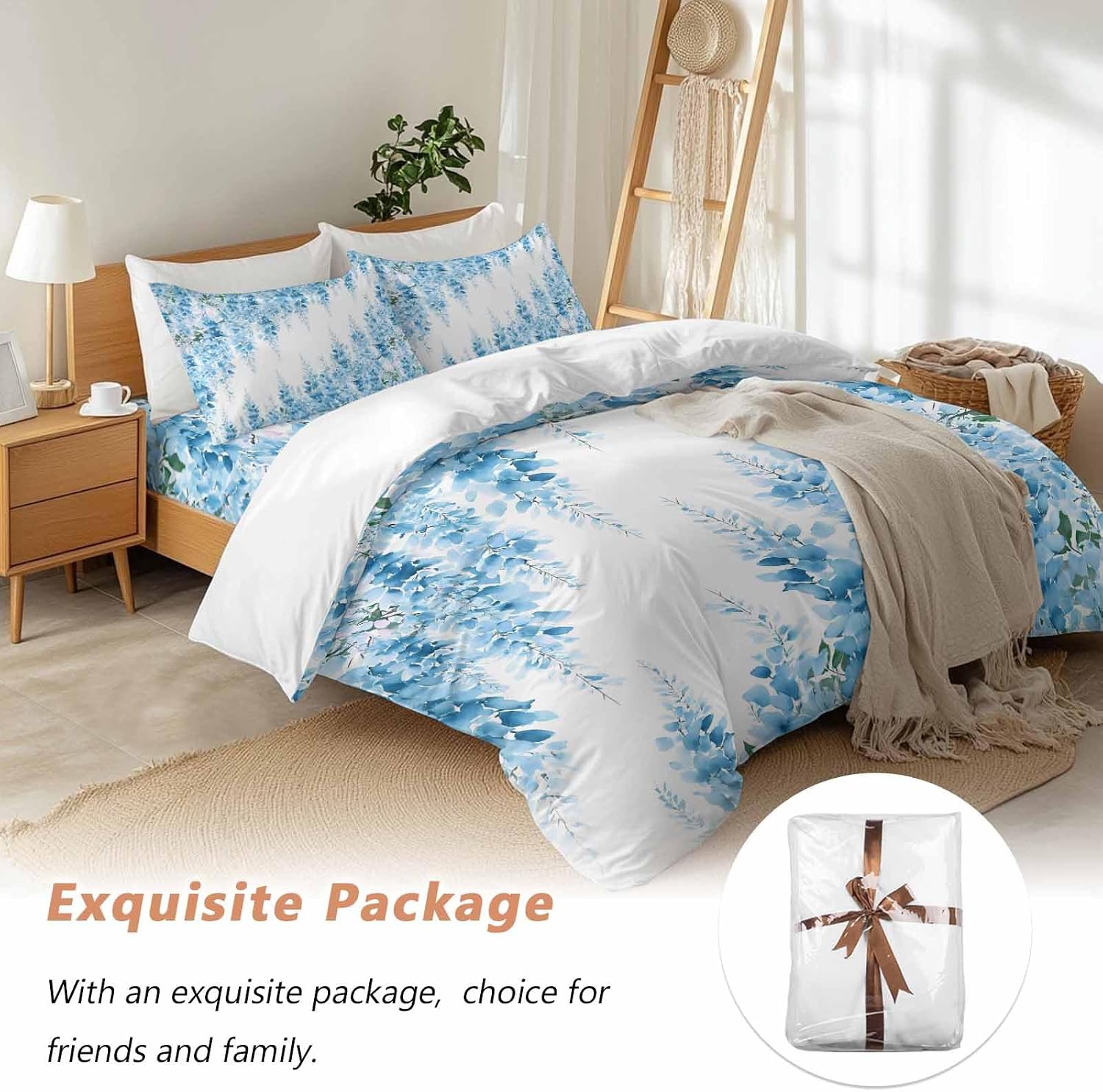 Prime Leader Blue Flowers Duvet Cover Set Queen Size 4 Pieces Watercolor Blue Wisteria Floral Bedding Set with Zipper Closure, 1 Comforter Cover 86x86 Inches 1 Flat Sheet & 2 Pillow Cases
