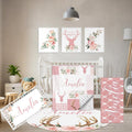 Terwex Personalized Baby Crib Bedding Set, 5 Pcs Custom Name Nursery Bedding Set, Pink Woodland Deer Baby Bedding Set for Girl, Double Layer Baby Crib Sets, Customized Gifts for Toddlers Kids Infants