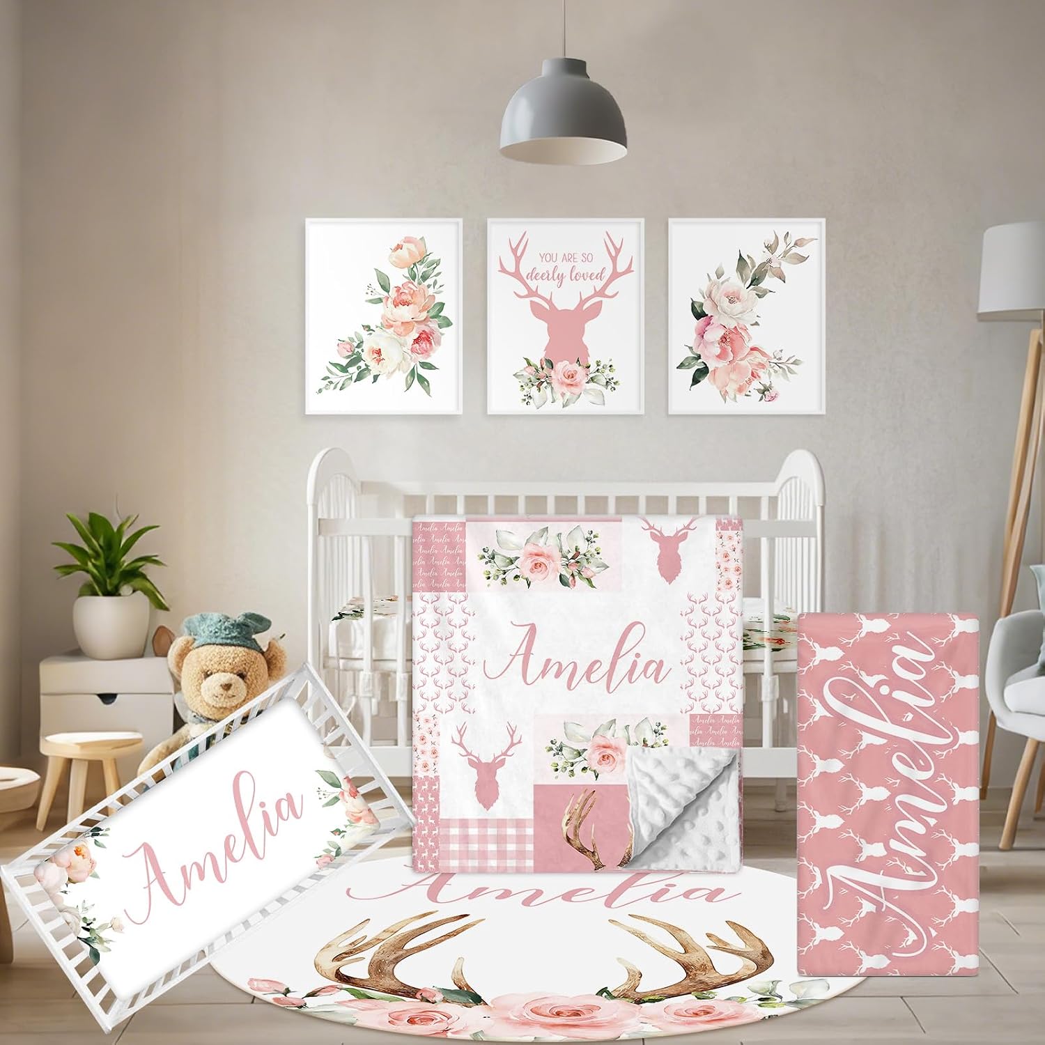Terwex Personalized Baby Crib Bedding Set, 5 Pcs Custom Name Nursery Bedding Set, Pink Woodland Deer Baby Bedding Set for Girl, Double Layer Baby Crib Sets, Customized Gifts for Toddlers Kids Infants