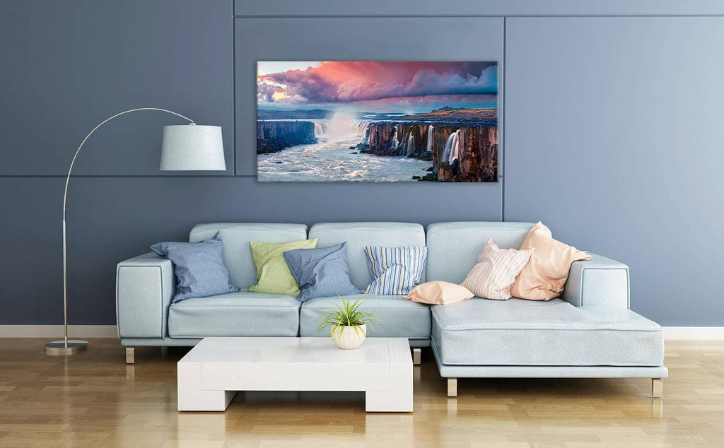 Cliff Waterfall Large Stretched Canvas Wall Art For Living Room Bedroom Home Decoration,Mordern Sunrise Scene Print Picture Painting Decor Giclee Artwork,Gallery Wrapped Gift,Inner Frame(30x60)