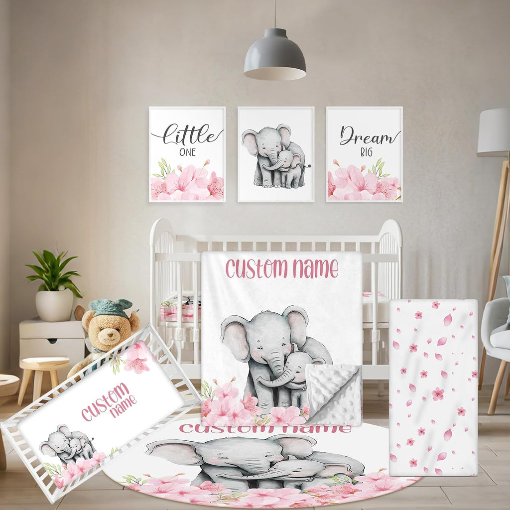 Terwex Personalized Crib Bedding Set, 5 Pcs Custom Nursery Bedding Sets with Name, Infant Bedding Set for Baby Girls, Pink Elephant Double Layer Baby Crib Set, Babies Toddlers Kids Customized Gifts