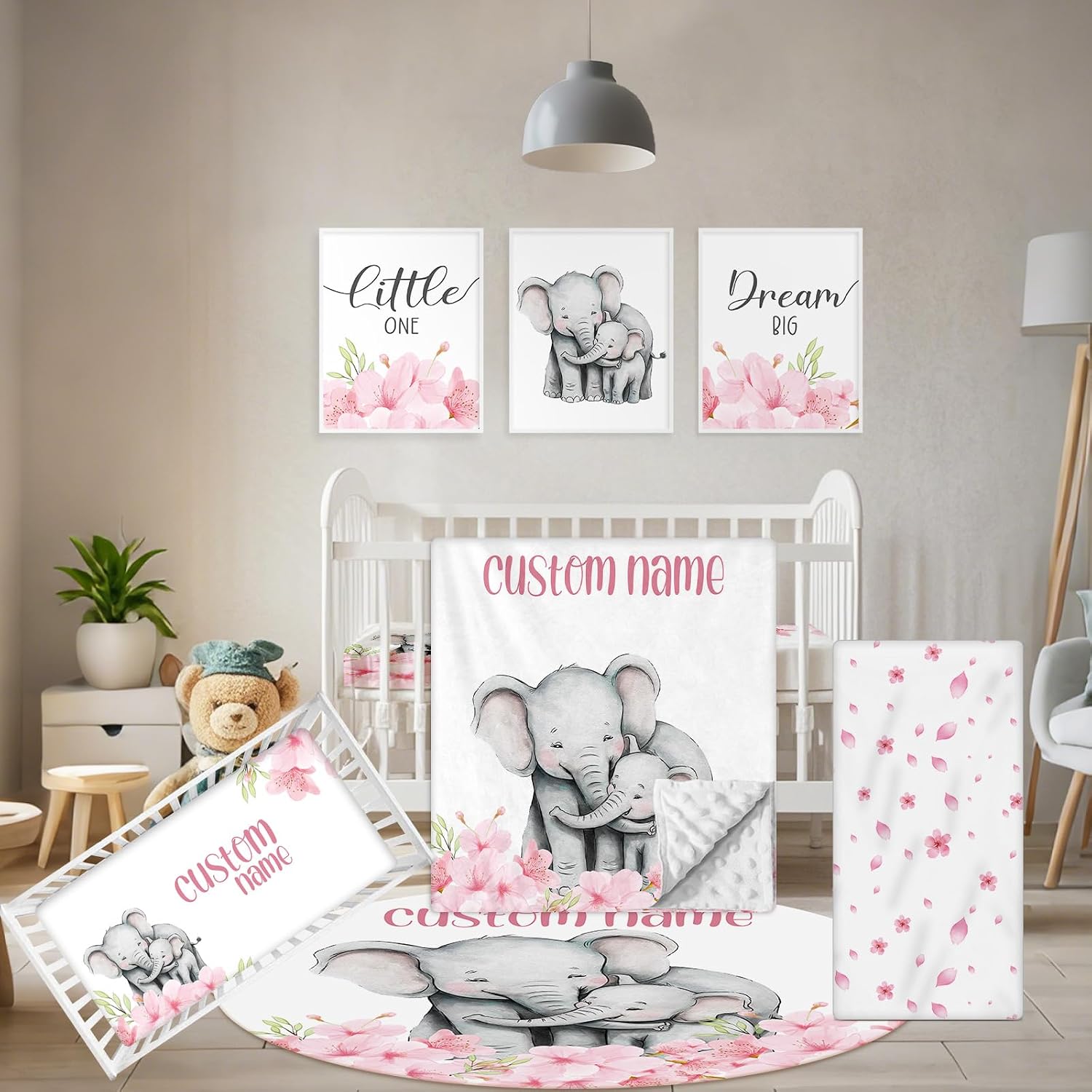 Terwex Personalized Crib Bedding Set, 5 Pcs Custom Nursery Bedding Sets with Name, Infant Bedding Set for Baby Girls, Pink Elephant Double Layer Baby Crib Set, Babies Toddlers Kids Customized Gifts