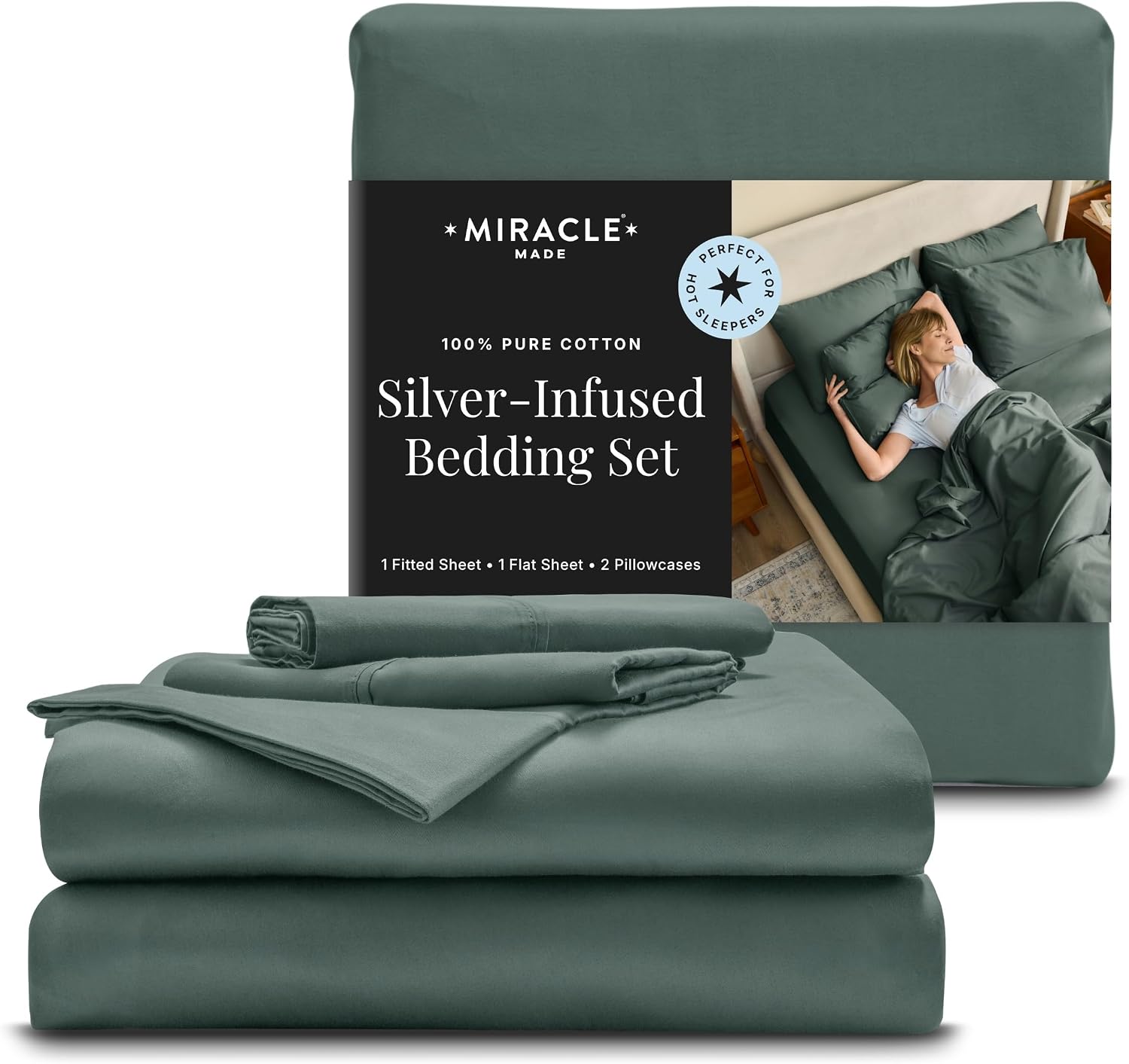 Miracle Made Breathable Cotton Bed Sheets, 4-Piece Set – Silver-Treated, Soft and Cool-to-the-Touch Lightweight Bedding Designed for Hot Sleepers – Queen Size, Sage Green