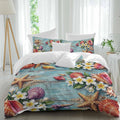 Ocean Beach Duvet Cover Set Queen Size 4 Pieces Summer Starfish Shell Flowers Leaf Blue Wooden Bedding Set with Zipper Closure, 1 Comforter Cover 86x86 Inches 1 Flat Sheet & 2 Pillow Cases